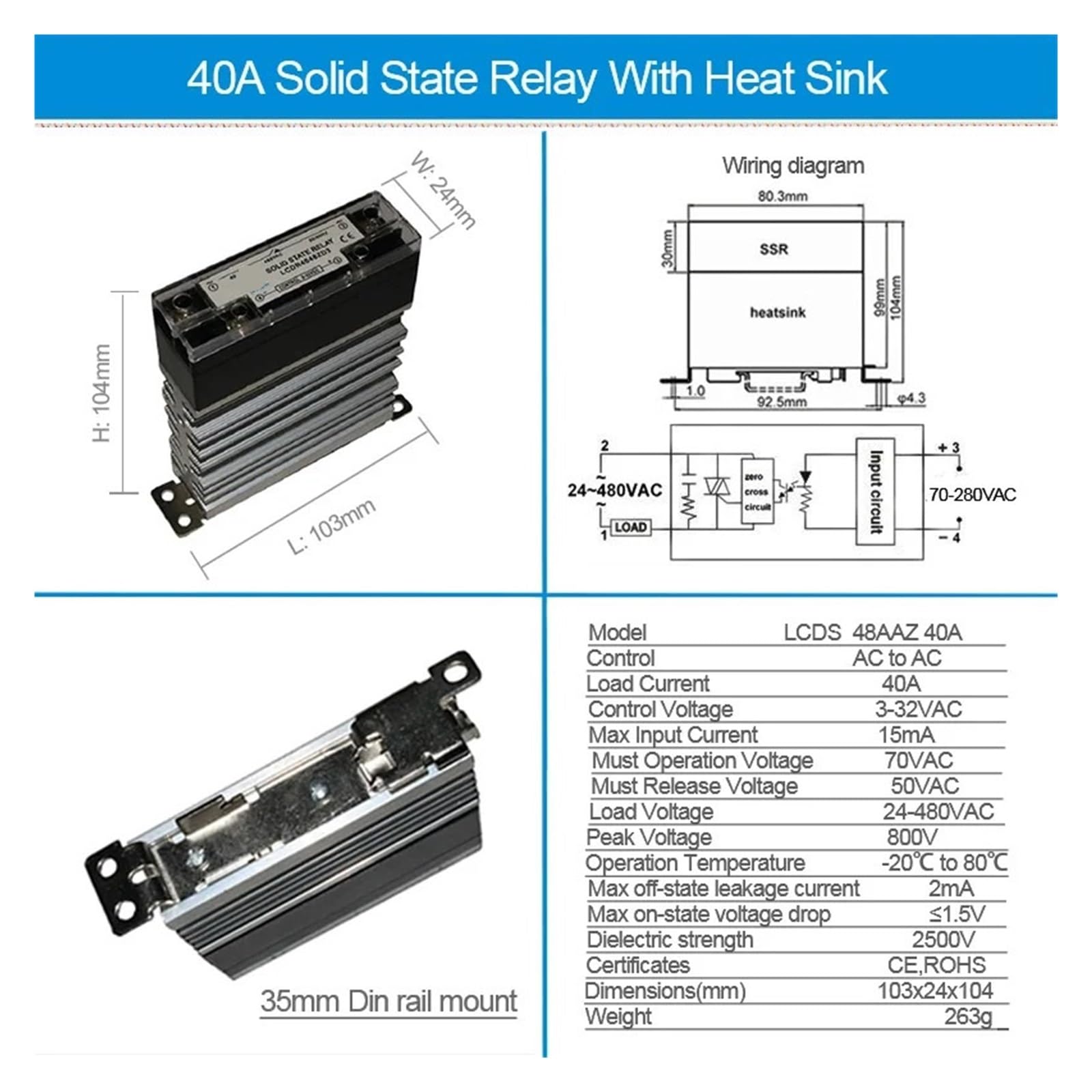 Relé de estado sólido AC a AC 10A 25A 40A 60A 80A 100A 120A SSR con disipador de calor, relé industrial de montaje en Riel DIN (Size : AC-AC 80A)