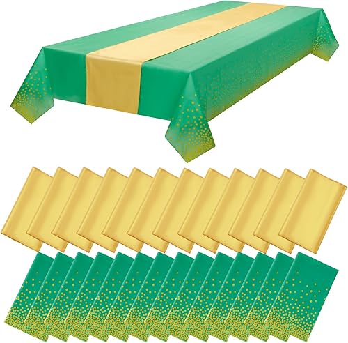 WDF Paquete de 16 manteles rectangulares de plástico verde y dorado de 54 x 108 pulgadas, mantel rectangular con lunares dorados de 12 x 108 Verde