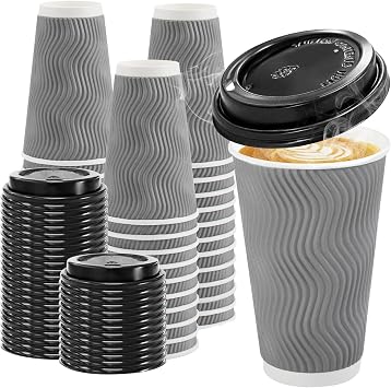 Clawsoff 100 Pack 16 oz Disposable Coffee Cups with Lids, Insulated Ripple Wall To-Go Paper Coffee Cups Suitable for Chocolate Cocoa and Hot/Cold Drinks Grey