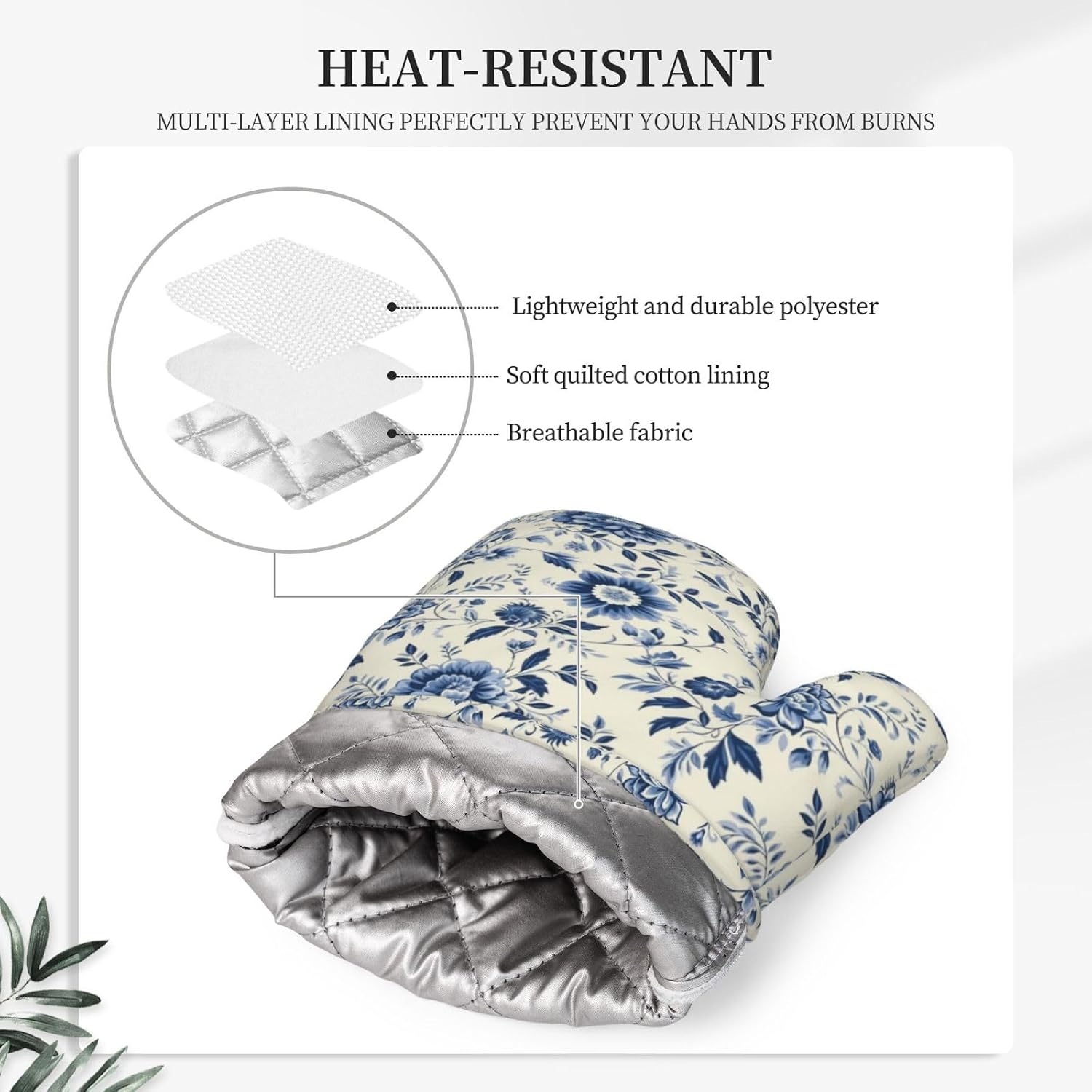 Blue White Chinoiserie Floral Oven Mitts and Pot Holders for Heat Resistant Florals Silicone Oven Mittens and Potholders Gloves Hot Pads for Kitchen Cooking Baking Grilling BBQ