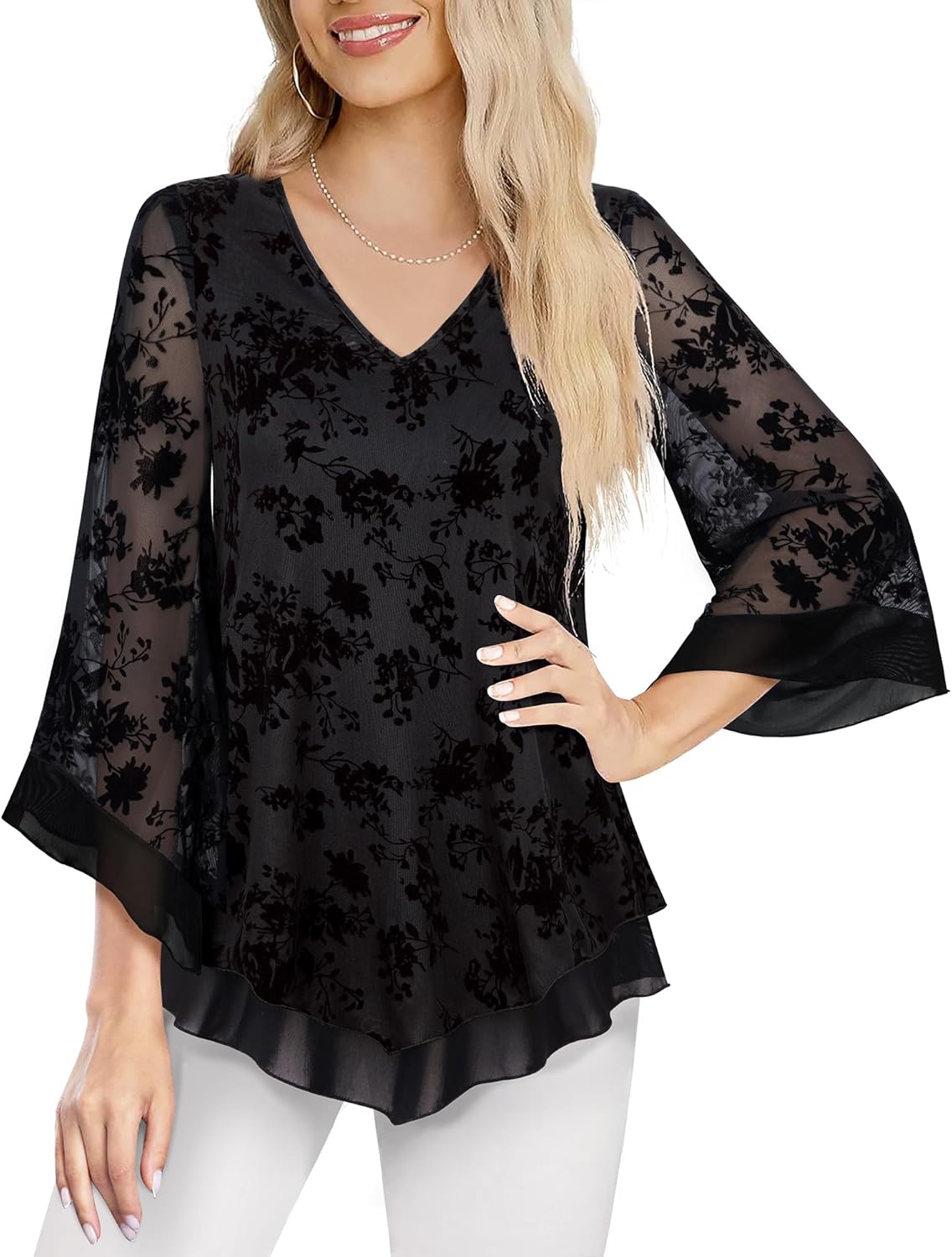 Lotusmile Womens Dressy Blouse Double Layers Mesh Shirt Ruffle 3/4 Flared Sleeve Tunic Tops - Image 2