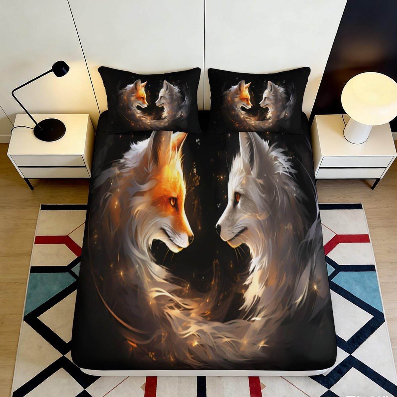 3D Printed Fire Fox Fitted Sheet Microfiber Artistic Ice Fox Mattress Cover for Bedroom Dorm Easy Care Decor 90x200x25cm