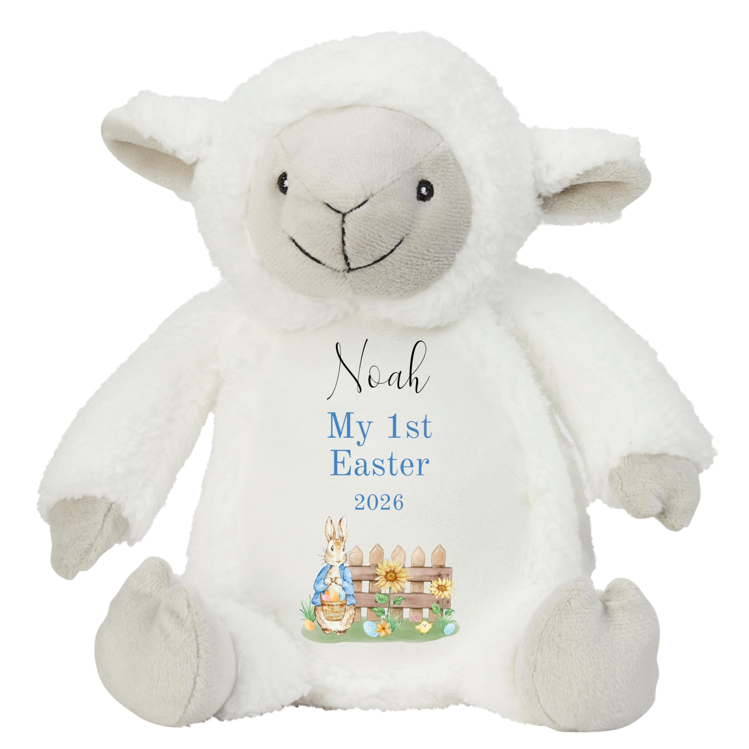 HotScamp Personalised Easter Bunny with Name - Rabbit My 1st Easter 2026 Blue - Soft Toy for Baby, Toddler, Child, Kids, Babies Spring Time - Blue Letter White Sheep Lamb