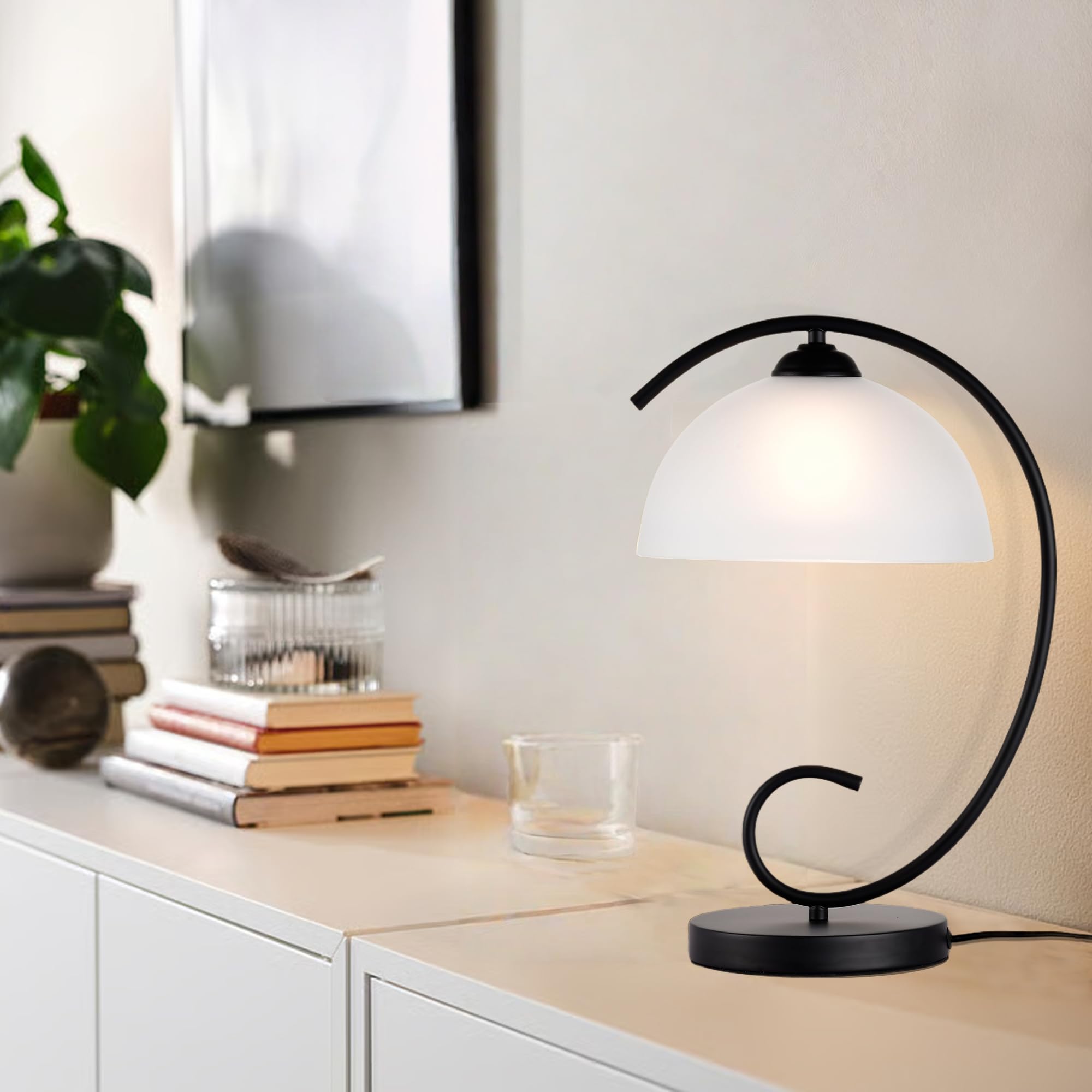 Alighting Tischlampe Schwarz mit Glas Lampenschirm | Vintage Tischleuchte 44,5 cm, Elegante Nachttischlampe für Schlafzimmer Wohnzimmer Beistelltisch, E27(ohne Leuchtmittel)