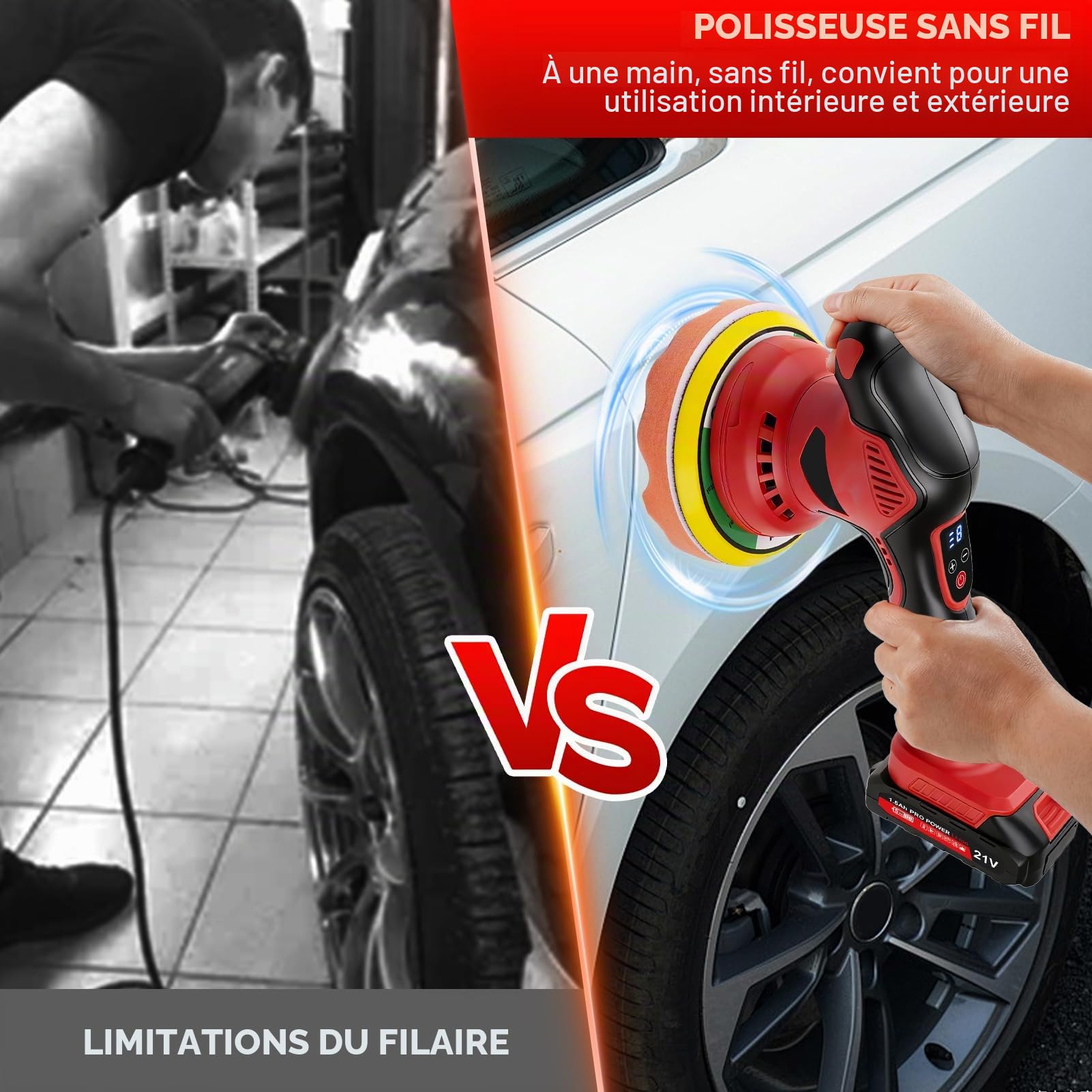 Polisseuse Voiture Sans Fil, 150 mm Lustreuse Polisseuse Voiture, 8 Vitesses Variable Polisseuse Orbitale avec 2x21V 1500mAh Batteries, 5800 tr/min pour Entretien, Cirage, Polissage, Enlever Rayures