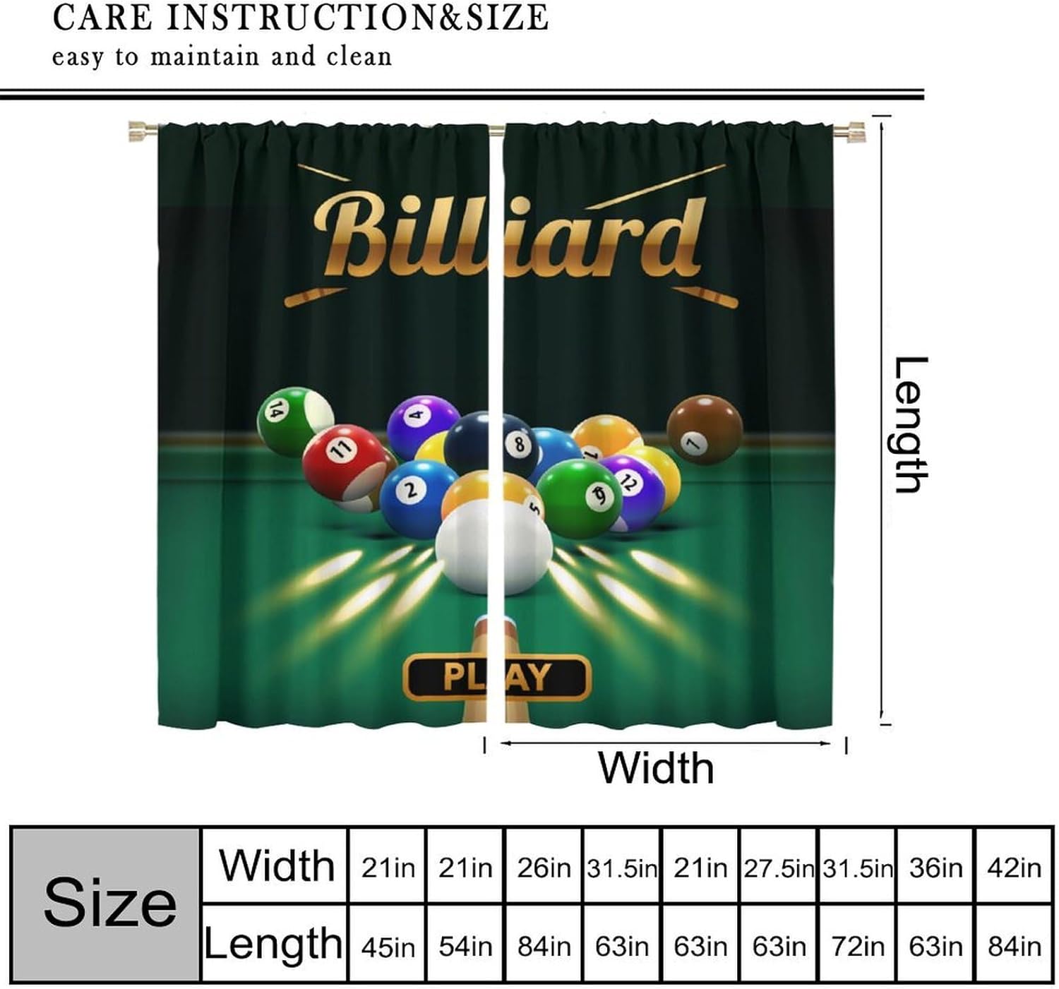 Billiards Sports Blackout Window Curtain Billiard Games Darkening Thermal Insulated Printed Rod Pocket Drapes for Bedroom Living Room 42" W X 45" L
