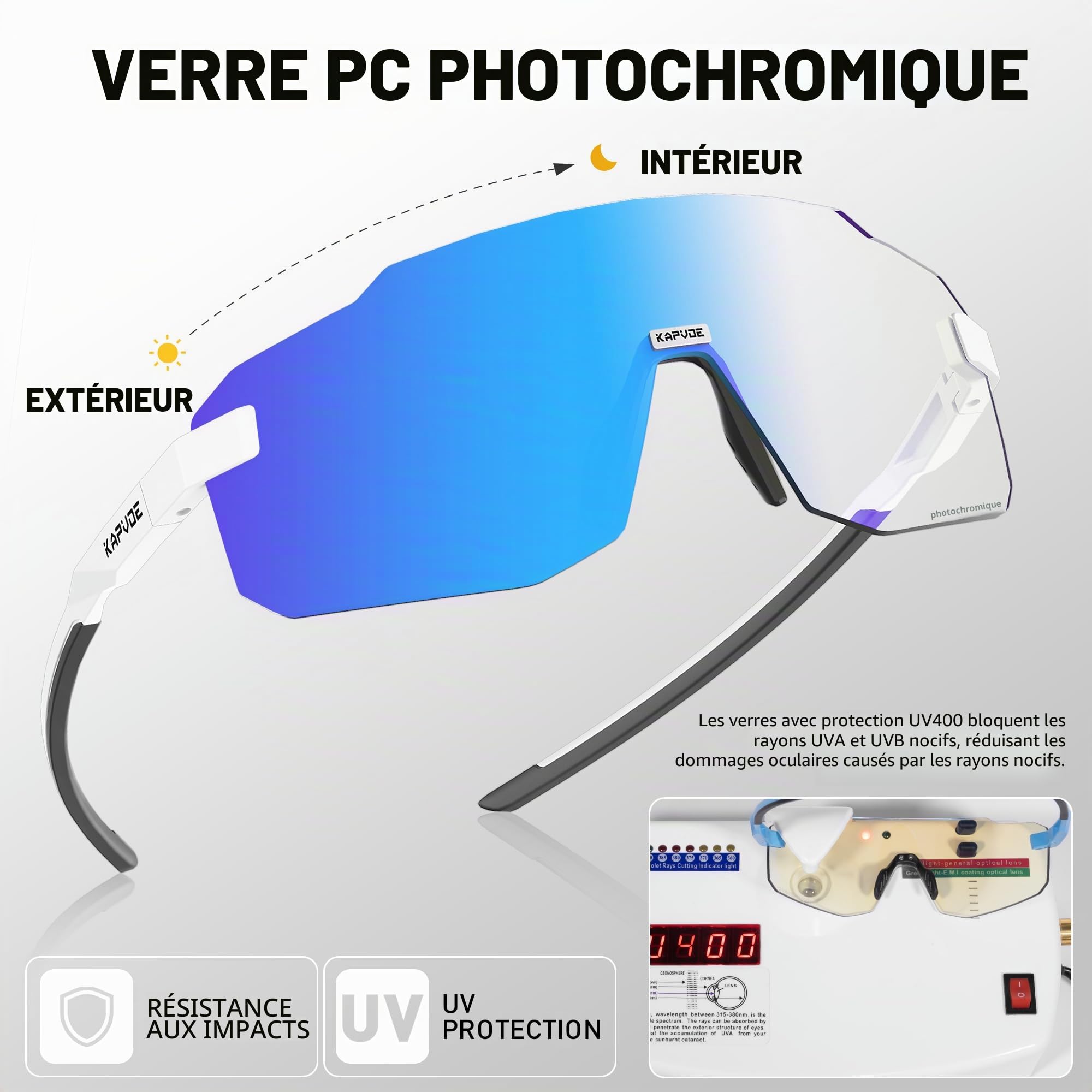 KAPVOE Lunettes de Cyclisme Photochromiques homme femme Lunettes Sportives Anti UV400 pour VTT Course en Montagne et Conduite Monture Sans Cadre K341