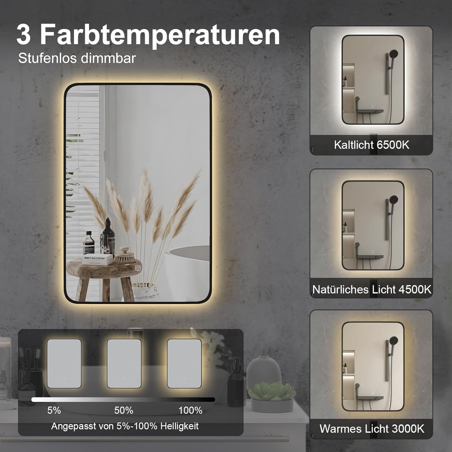 Spiegelschrank Bad mit Ambient-Stimmungsbeleuchtung, Badschrank Hängend mit Spiegel und Ablage, Badezimmer Spiegelschrank, Wandschrank, Stufenlos dimmbar, 51x76 cm Schwarz