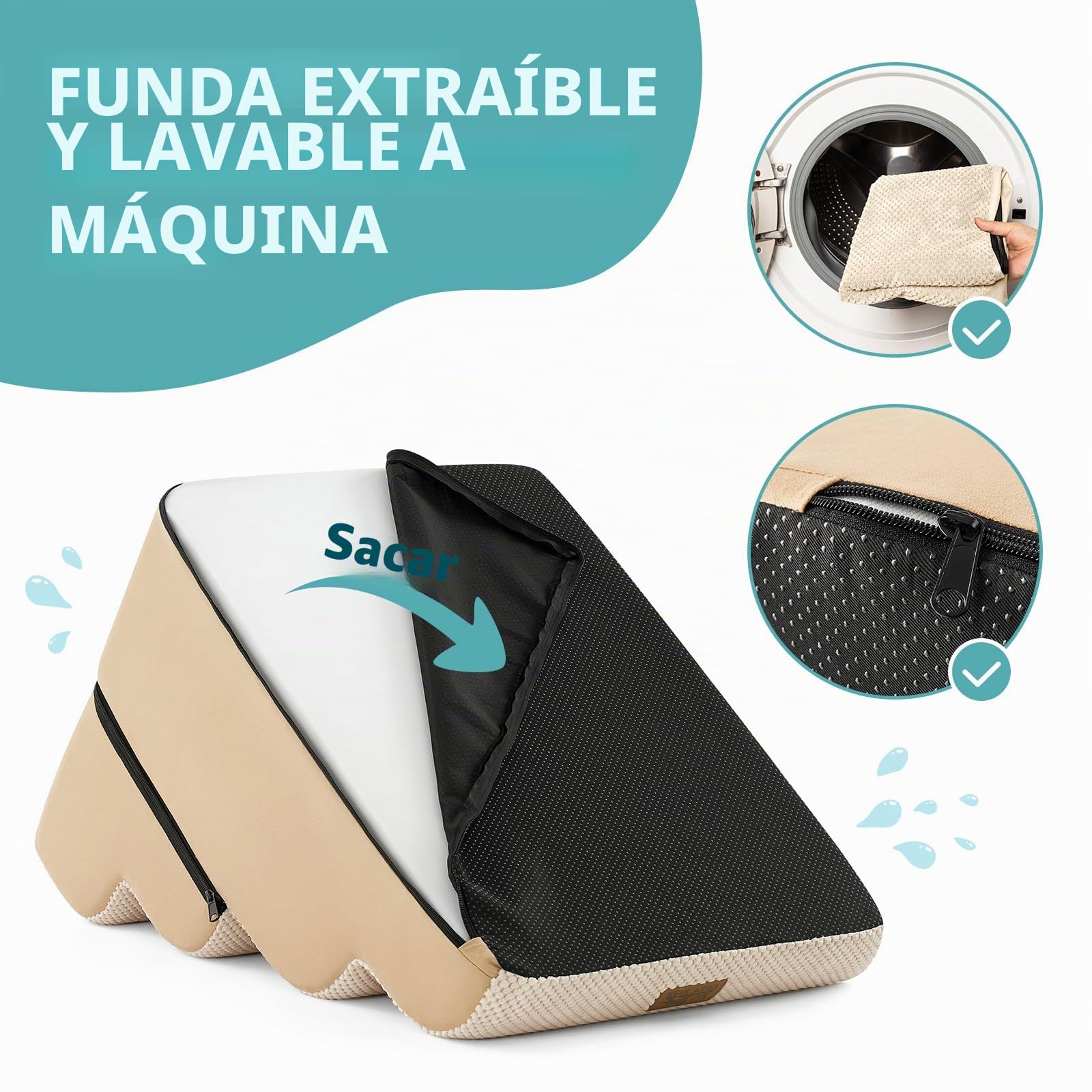 COZY KISS Escalera para Perros Pequeños, Rampa para Perros de Espuma para Cama y sofá, Escaleras para Mascotas con Funda Lavable, Rampa para Gatos de Fondo Antideslizante, Beige, 40x72x50cm