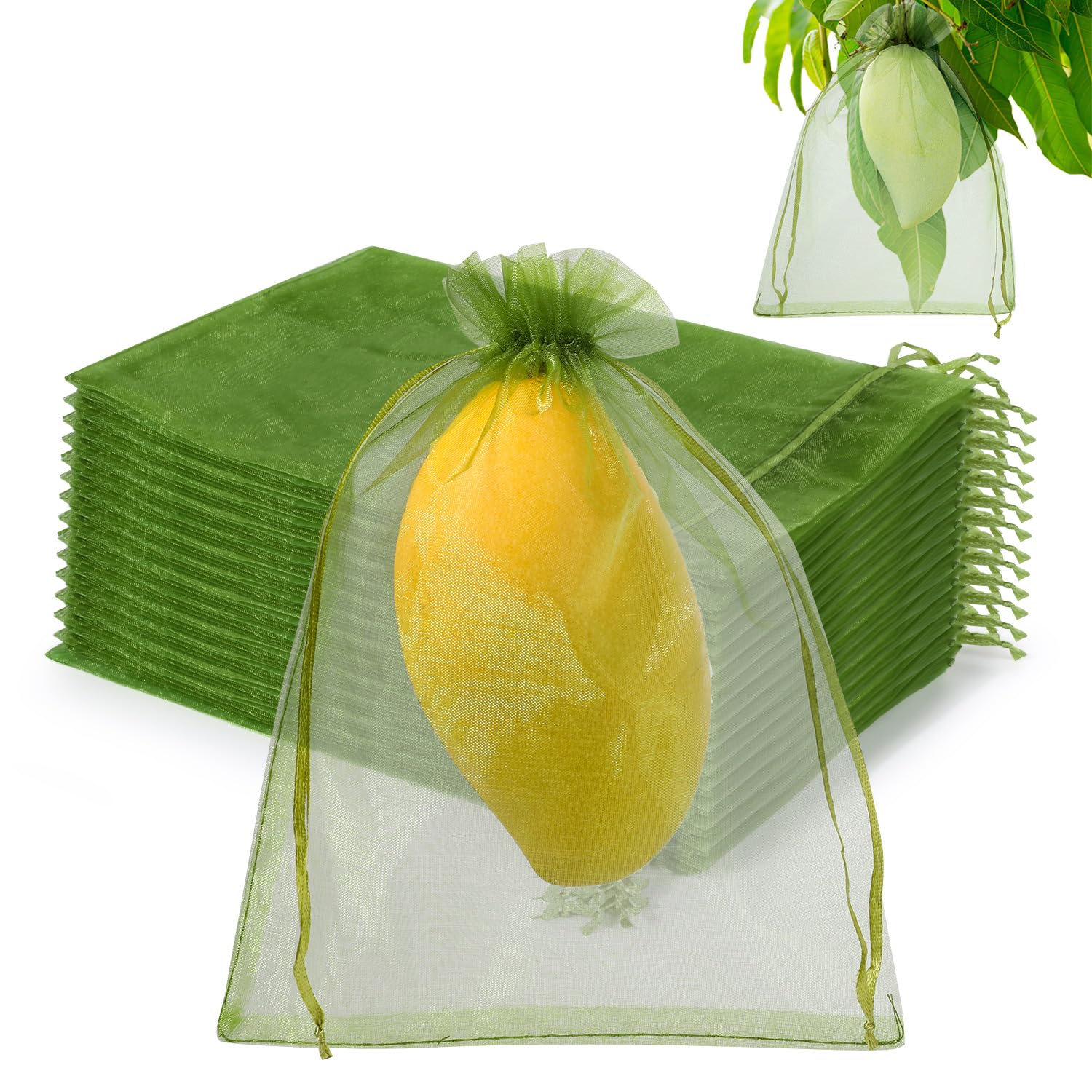 Hopttreely 100pcs Sheer Organza Bags, 6x9 inch Olive Green Large Mesh Jewelry Pouches Christmas Drawstring Gift Bag, Fruit Protection Bags