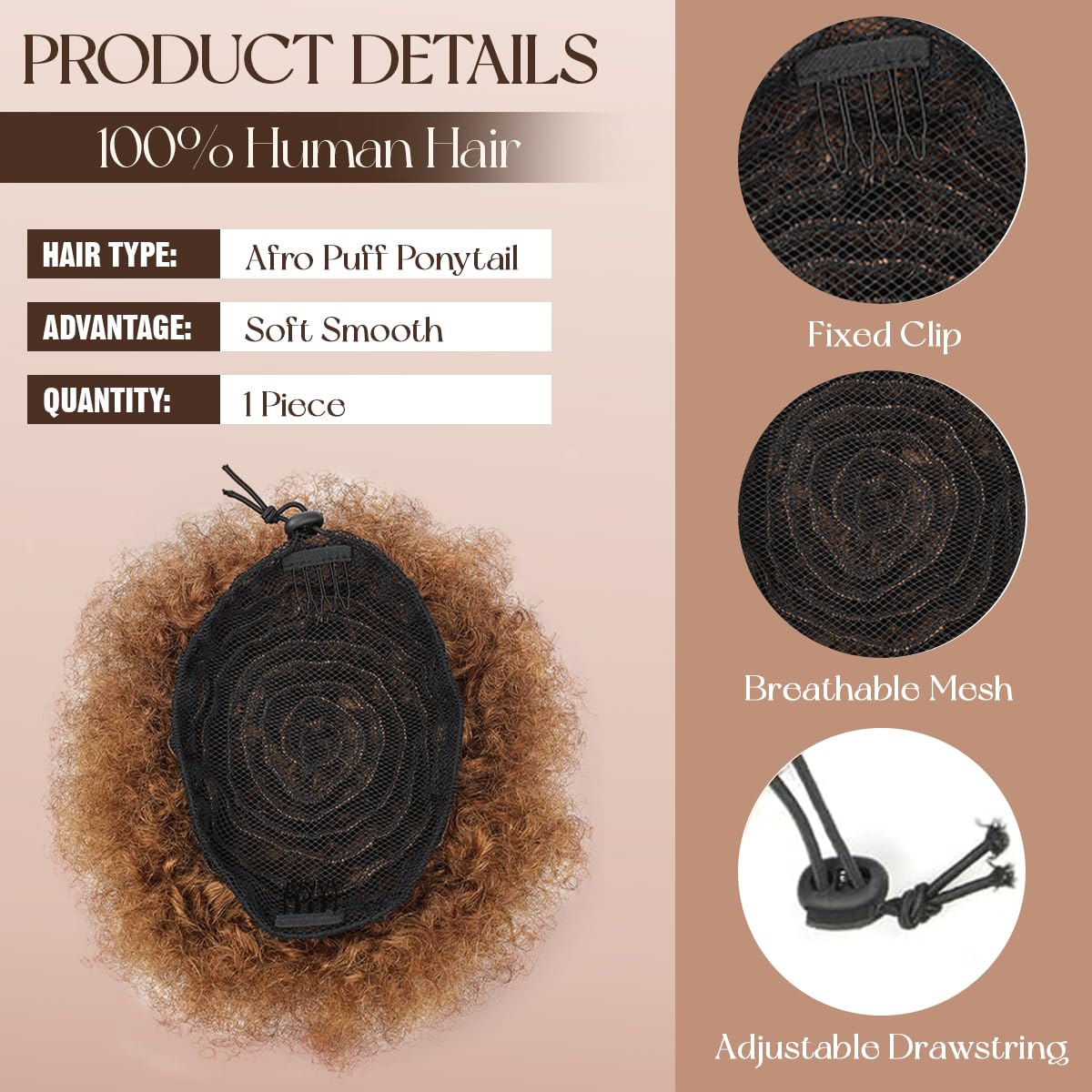 Human Hair Ponytail for Black Women 6 Inch #04 Medium Brown Durable Natural Soft and Smooth Puff Hair Extensions