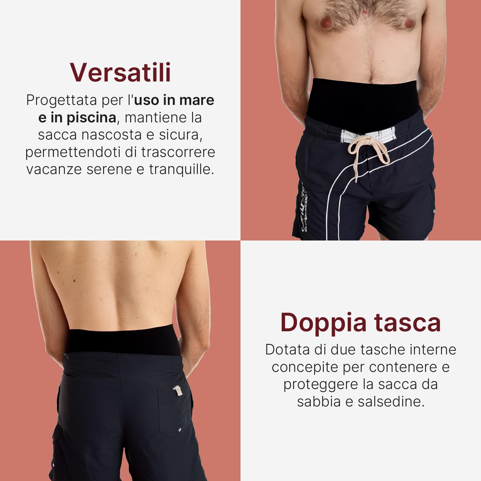 Fascia Costume Plus per Stomia da Uomo per Mare e Piscina, Doppia Tasca Interna per Sacca, Maggiore Stabilità e Discrezione, Made in Italy