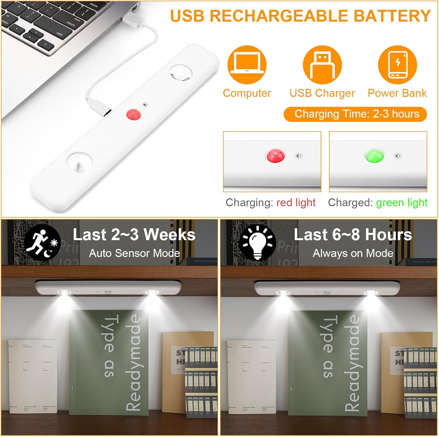 LED Under Cabinet Lights, Motion Sensor Night Light Indoor, 3 Color Temperature and Dimmable, Rechargeable Battery Operated Gun Safe Light for Shelf, Closet, Kitchen, Counter (1 Pack)