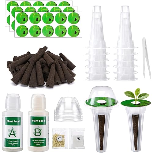 129Pcs Hydroponic Pods Kit with A&B Plant Food, Hydroponic Pods with 50 Grow Sponges, 50 Plant Labels,12 Grow Baskets, 12 Grow Domes and 1 Tweezers - Hydroponics Supplies