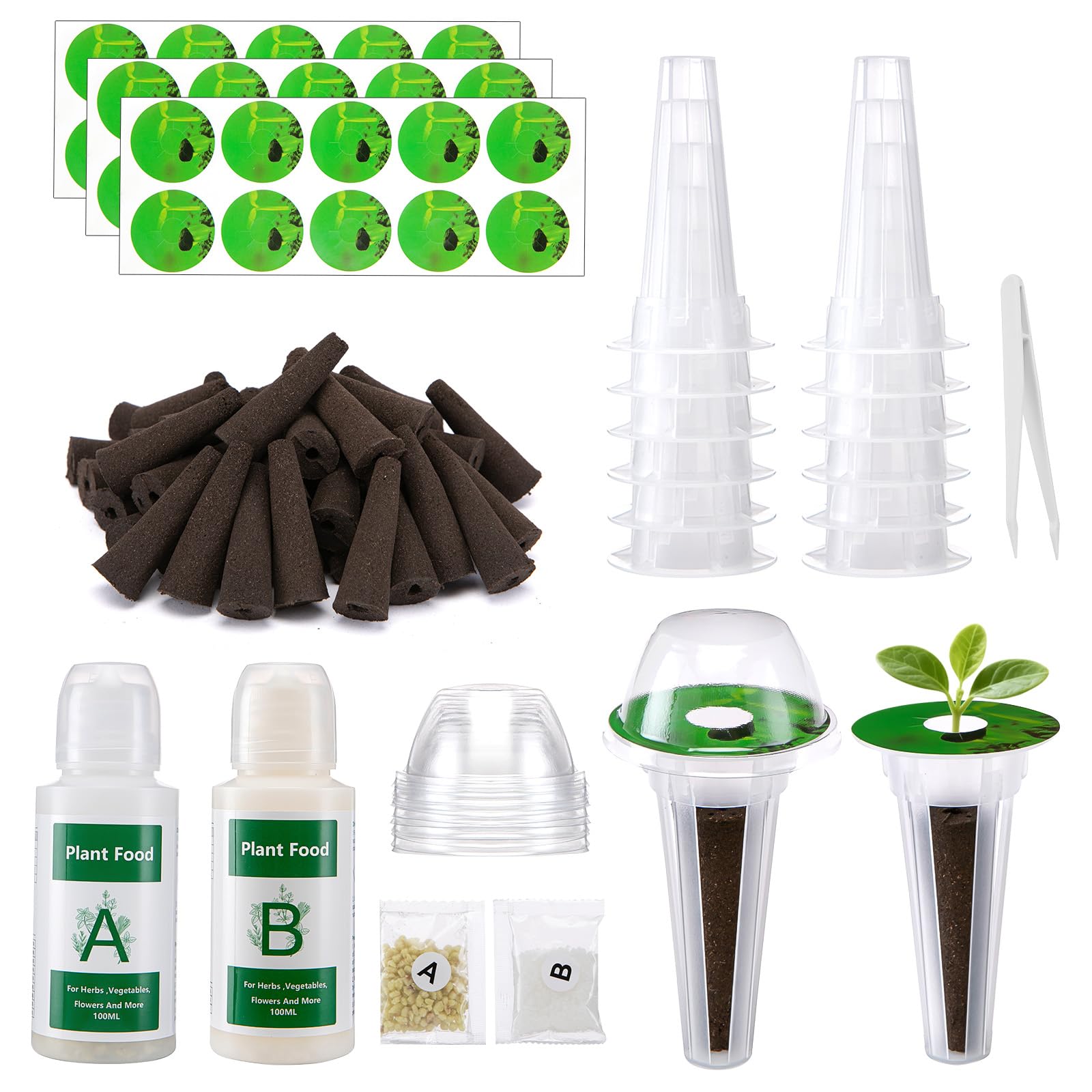 129Pcs Hydroponic Pods with A&B Plant Food, Hydroponic Pods with 50 Grow Sponges, 50 Plant Labels,12 Grow Baskets, 12 Grow Domes and 1 Tweezers - Compatible with Aero Garden pods Planting Seed Pods