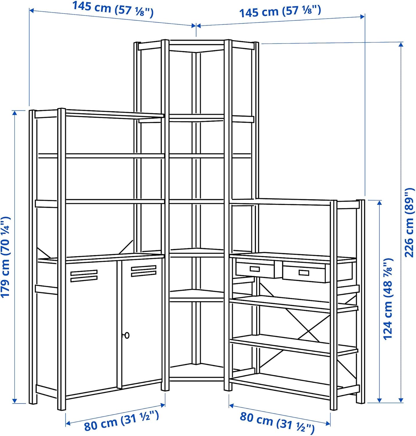 IVAR 3 sections/corner, pine/white, 145/145x30x226 cm