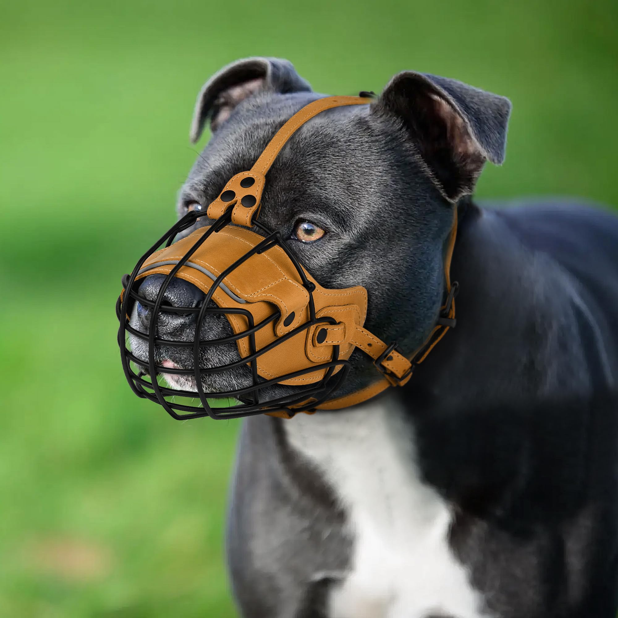 OOPSDOGGY Amstaff Pitbull-Hundemaulkorb aus Metall, reflektierende Ledermaske, sicherer Drahtkorb, Maulkorb für große Hunde, weicher Käfigmaulkorb gegen Beißen und Kauen mit verstellbaren Riemen