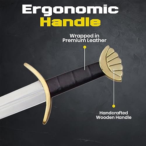 Miniatura 5 de SZCO Supplies - Espada vikinga real, espada de acero inoxidable de 36.5 pulgadas con pomo y protector de latón, mango de cuero y vaina, espada