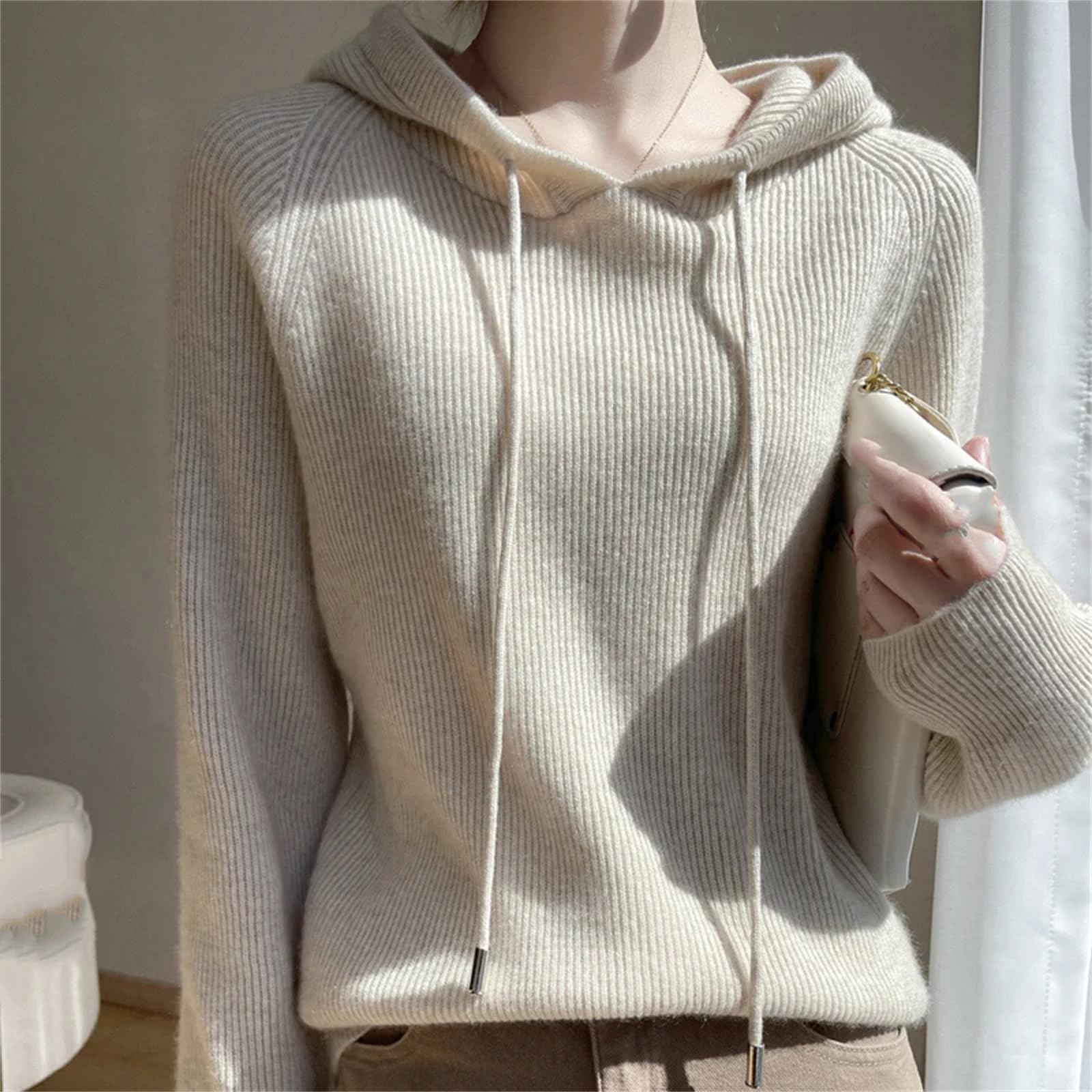Maglione da donna in cashmere con cappuccio in maglia con cappuccio primaverile con colletto con cappuccio camicia base top allentato giacca da donna bianca, bianco, L