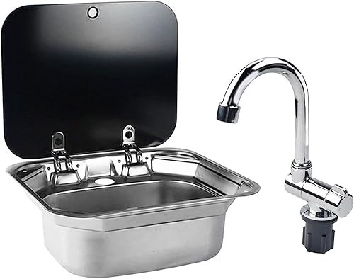 Lavabo de acero inoxidable para caravana o lancha, con grifo plegado, tapa de vidrio templado, accesorios para caravana o remolque (fregadero con