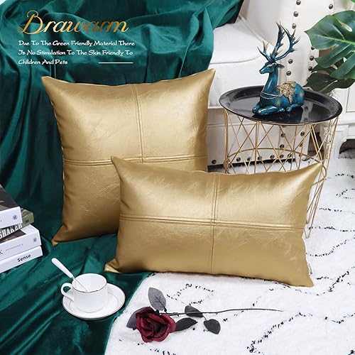 Miniatura 4 de BRAWARM Fundas de almohada de piel sintética de 22 x 22 pulgadas, funda de almohada de cuero dorado, funda de almohada decorativa de cuero cosido a