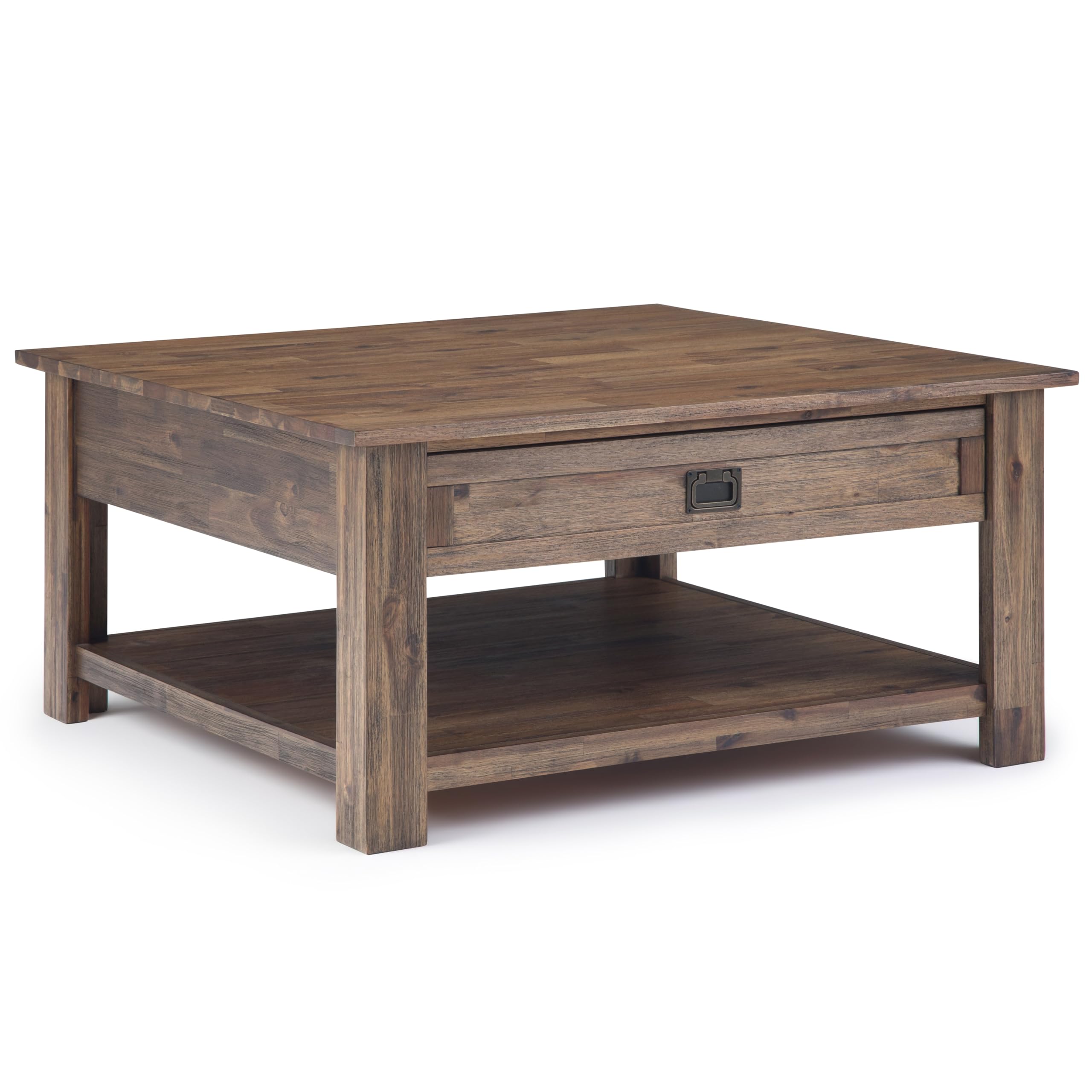 SIMPLIHOME Monroe Square Coffee Table - 38 inch Wide Solid Acacia Wood Living Room Table in Rustic Natural Aged Brown, Rustic Cocktail Table for Family Room or Lounge with 2 Drawers and Open Shelf