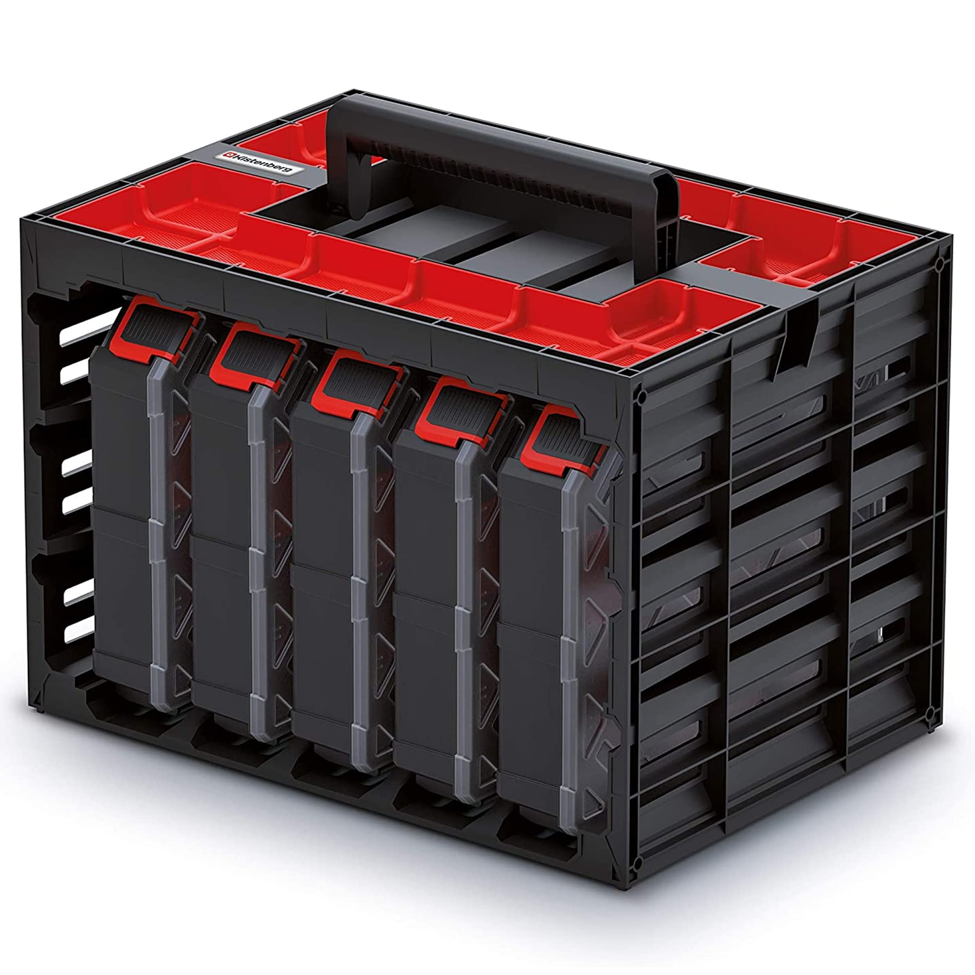 Tool Box with 5 Assortment Boxes, Small Parts Magazine with dividers, Ergonomic Handle, Robust Body 415 x 290 x 295 mm (with dividers).