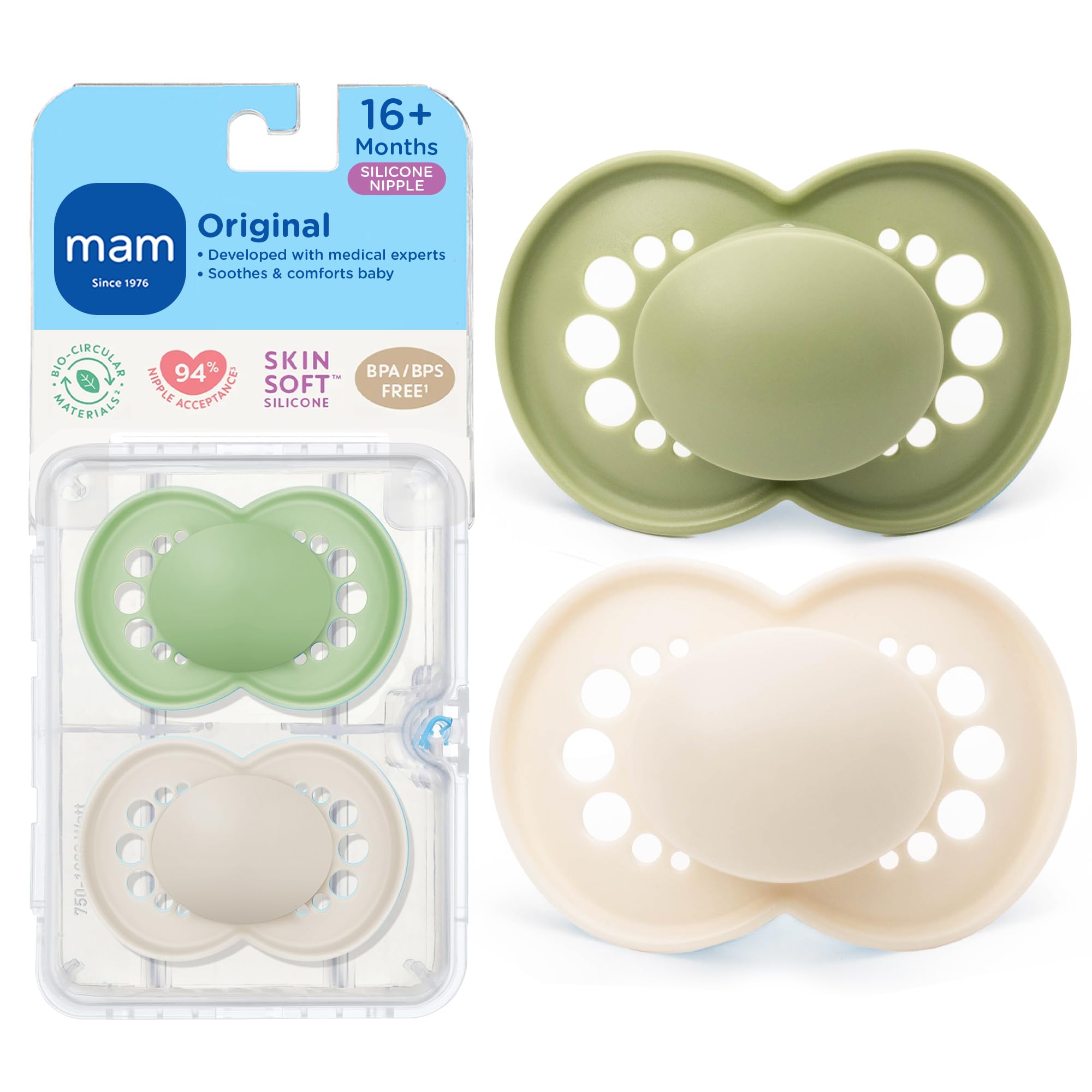 MAM Original Matte Baby Pacifier, Nipple Shape Helps Promote Healthy Oral Development, Sterilizer Case, Unisex, 16+ (Pack of 2)