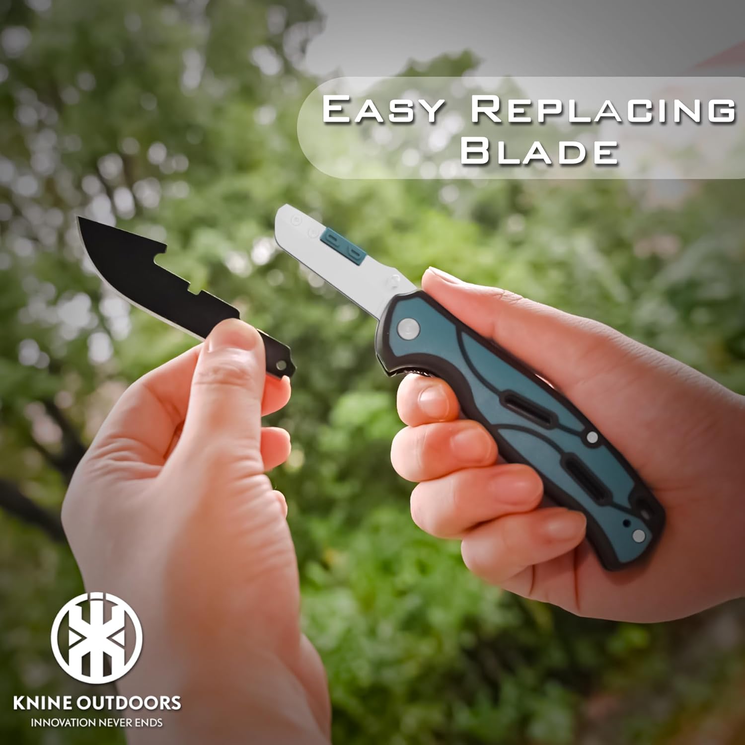 KNINE OUTDOORS Hunting Double Blade Pocket Knife with Replaceable Blades and Clip, Skinning and Gutting Knife, EDC for Deer Hunting, with 9 Blades (Blue)