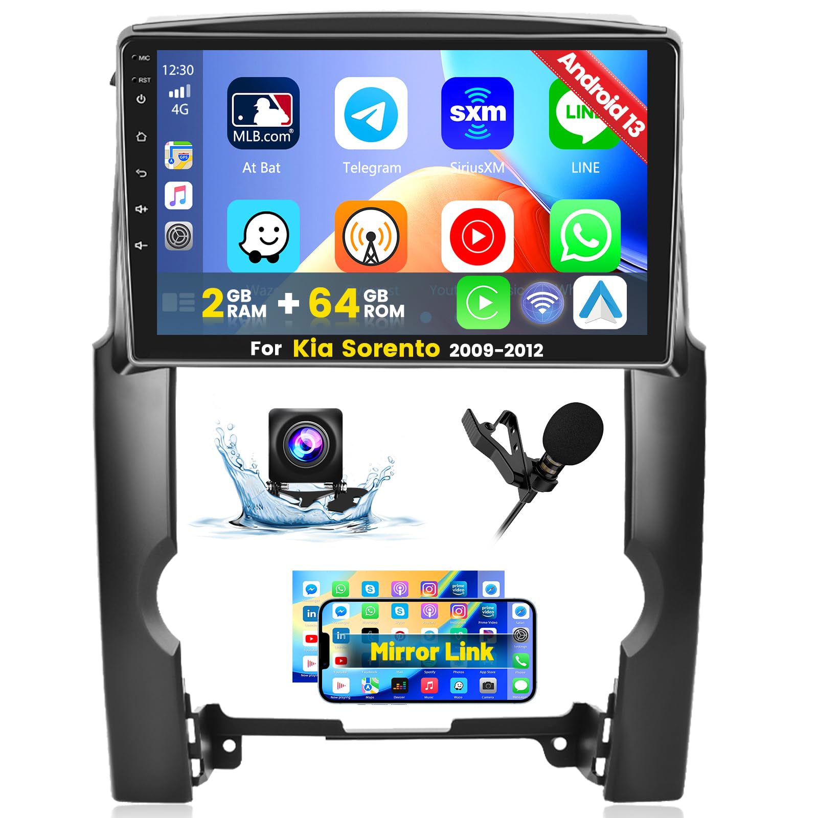 Roinvou 2+64G Android 10.1" Touch Screen for Kia Sorento 2009-2012 with Wireless CarPlay Android Auto WiFi Bluetooth GPS Navigation FM RDS Radio Backup Camera