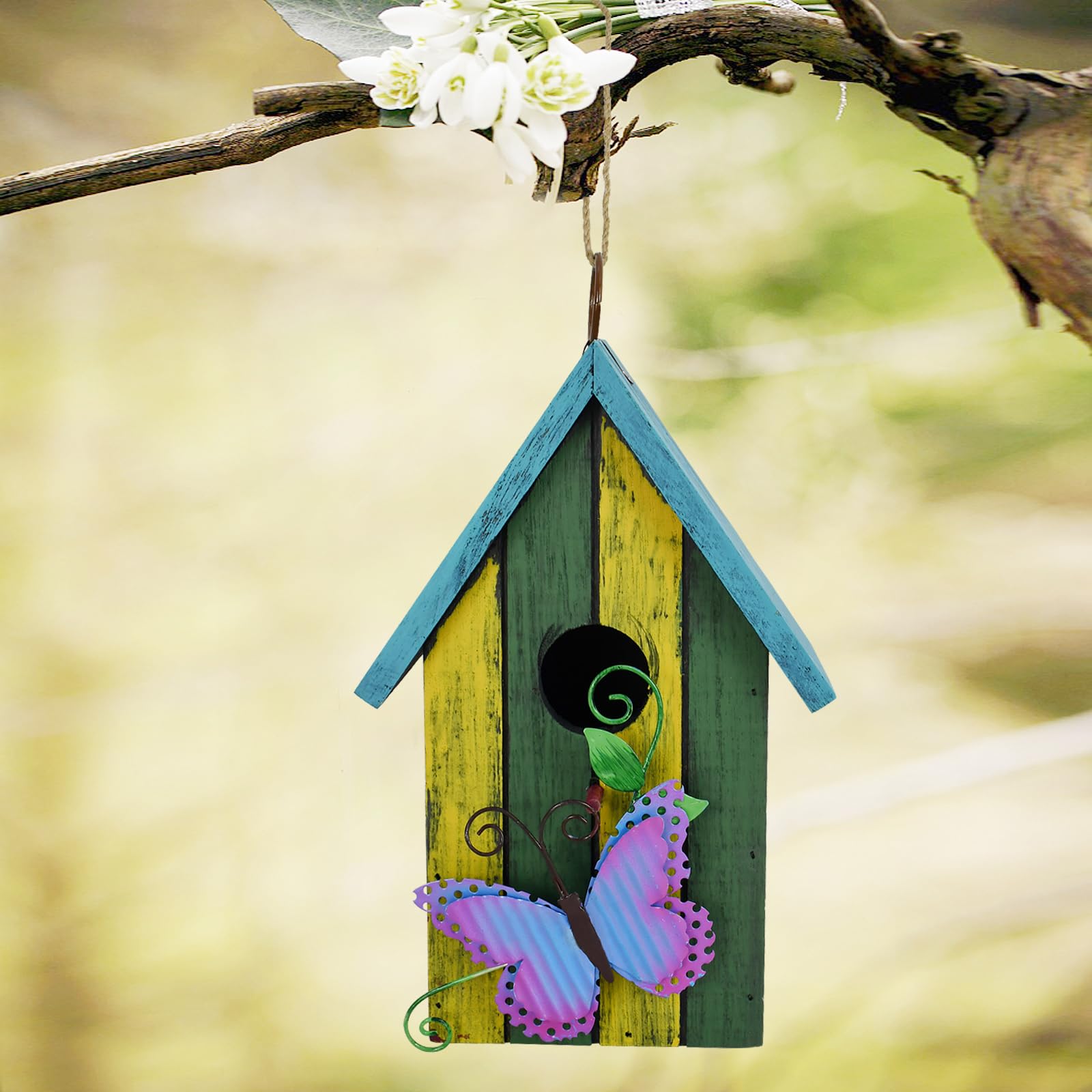 Bird House for Outside Hanging Rustic Wood Bird House Outdoor Garden Patio Hand Painted Decorative Birdhouse for Finch Bluebirds Sparrows Chickadees