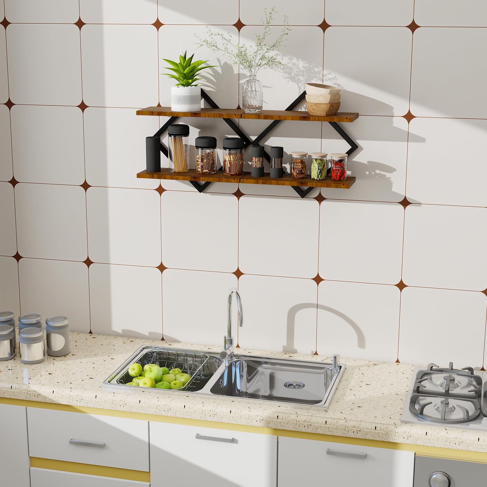 Estante Flotante 2 Niveles Madera y Metal, Resistente al Óxido y Moho, Estante Decorativo para Salón Cocina Baño Dormitorio, Ideal para Amas de Casa Inquilinos Amantes Almacenaje