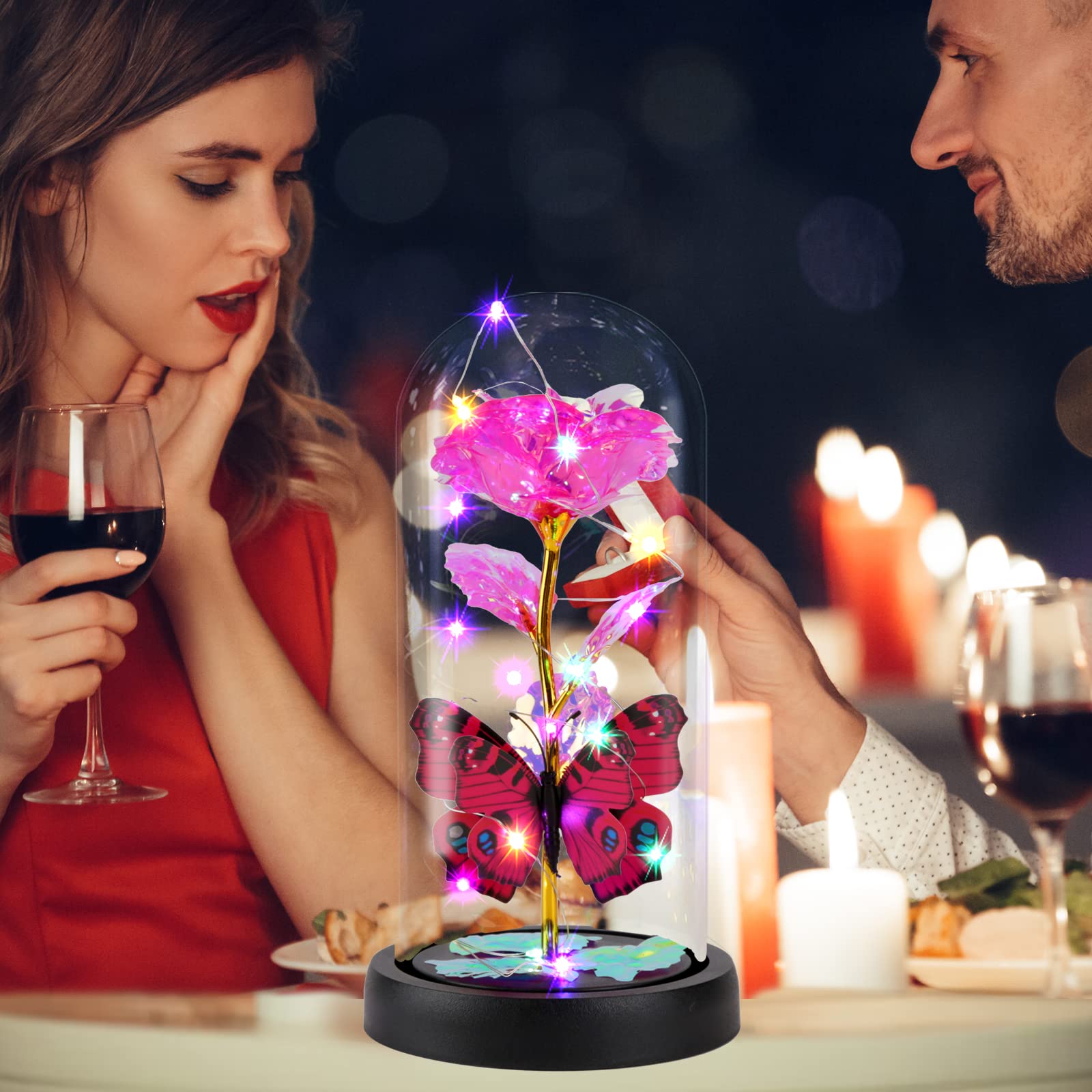 Rose Galaxie Lumineuse La Belle et la Bête avec Papillon dans Un dôme en Verre, Cadeau d'anniversaire Unique pour Petite Amie (Rose)
