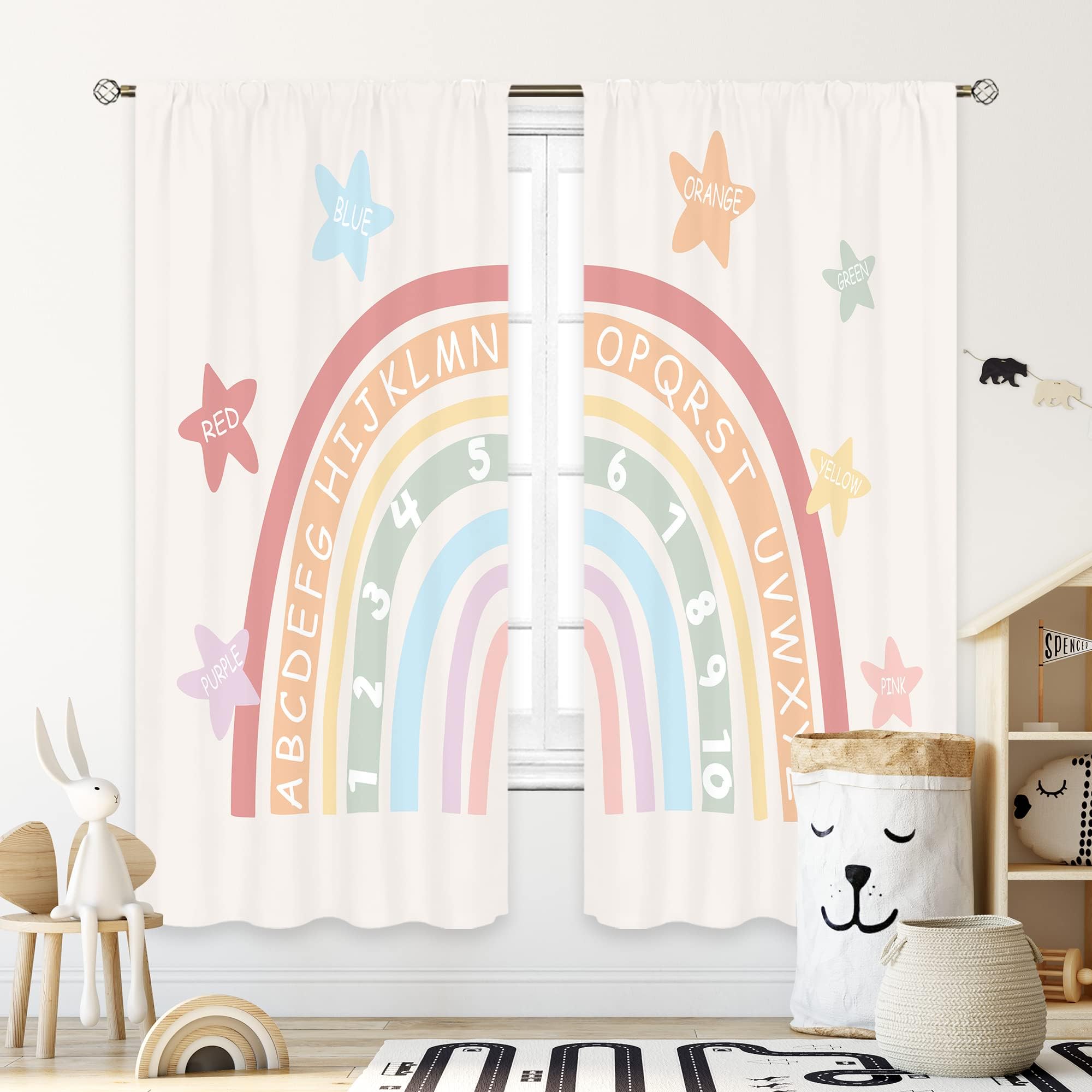Cinbloo Kids Boho Rainbow Alphabet Curtains 42Wx63H Inch Rod Pocket ABC Numbe...