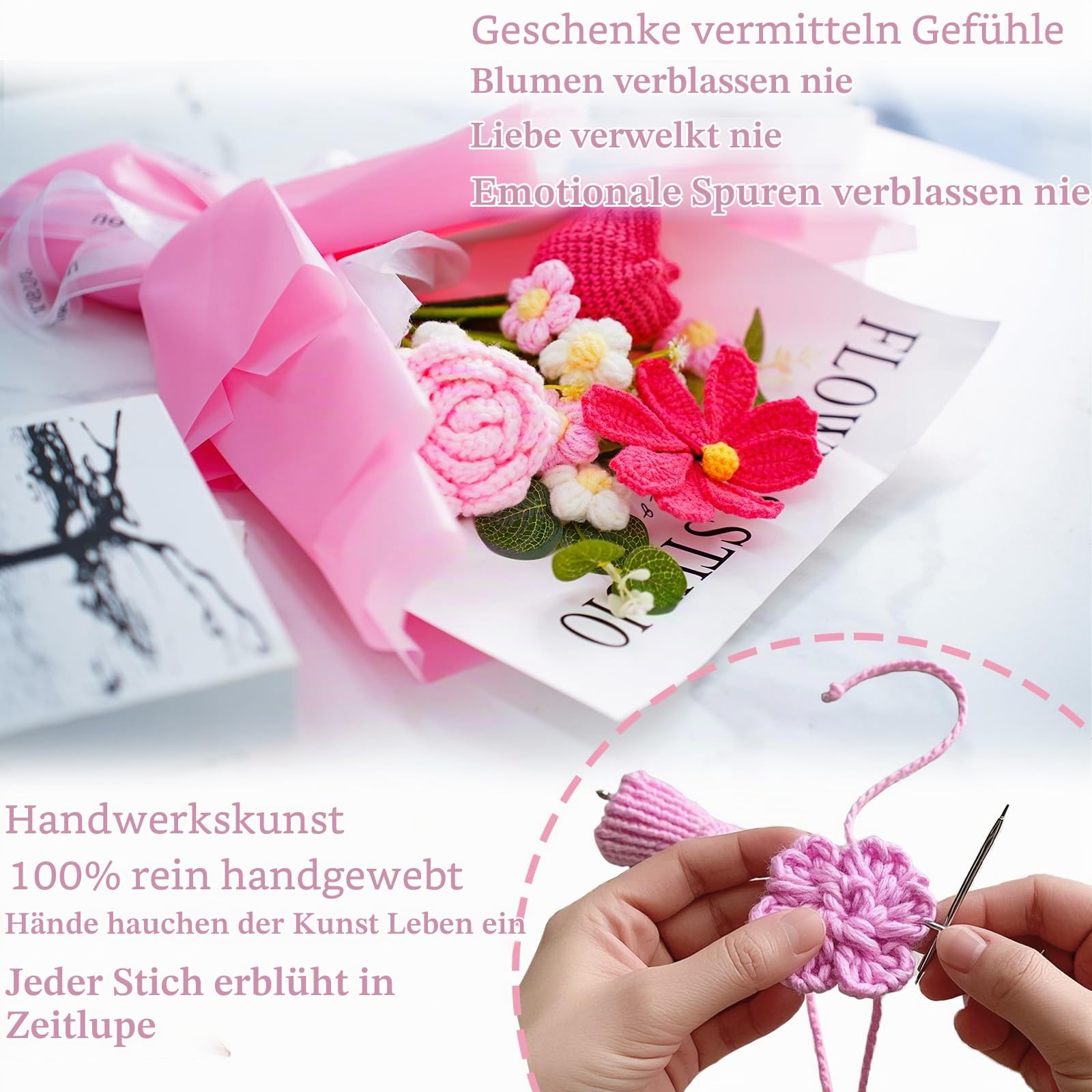 Gehäkelter Blumenstrauß in Rosa, Handgemachte Künstliche Blumen, Allergikerfreundliche Frühlingsdeko & Ästhetische Raumdeko