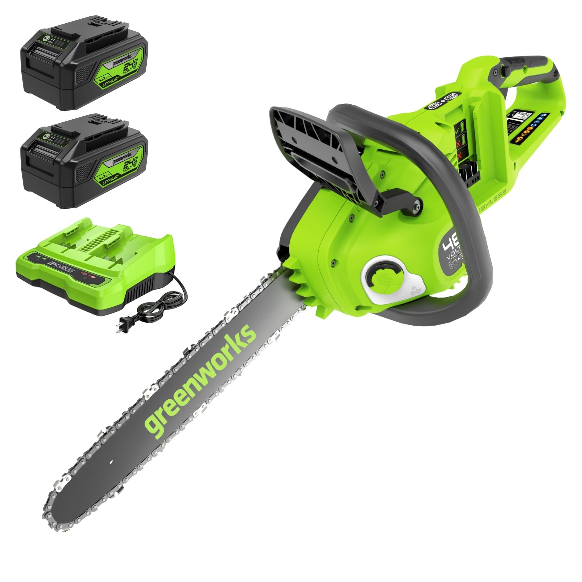 Greenworks 48V (24V x 2) Akku Kettensäge mit bürstenlosem Motor, 35cm Blattlänge, 20 m/s Kettengeschwindigkeit, Auto-Öler, Mit zwei 4Ah Akkus & Doppel-Ladegerät, 3 Jahre Garantie-GD24X2CS36K4X