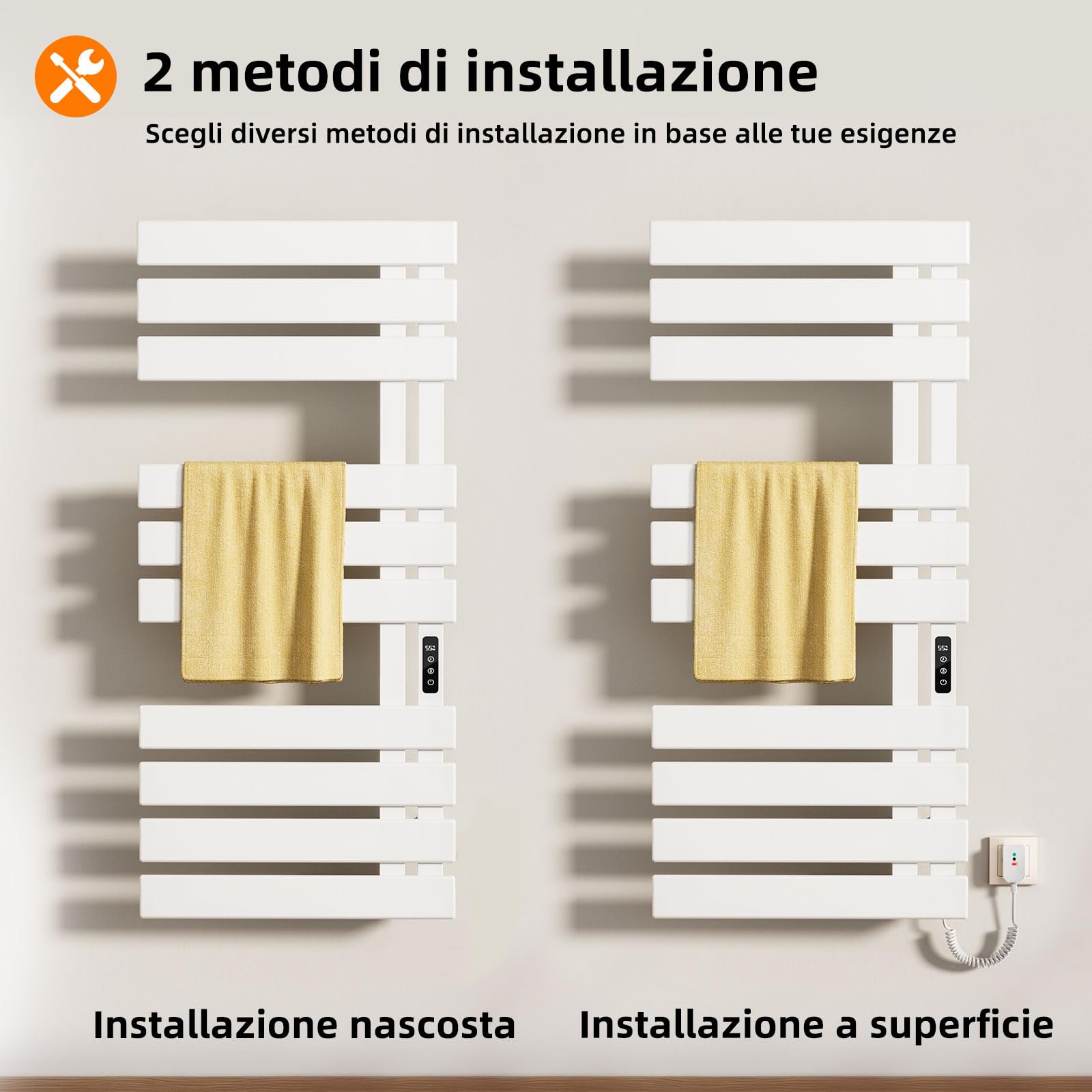 Scaldasalviette Elettrico, Termostato WiFi Smart Scaldasalviette, per Alexa e Google Home e APP, 500x1100 mm, Portasciugamani elettrico, Scaldasalviette Elettrico Bagno Basso Consumo-WIFI White Right