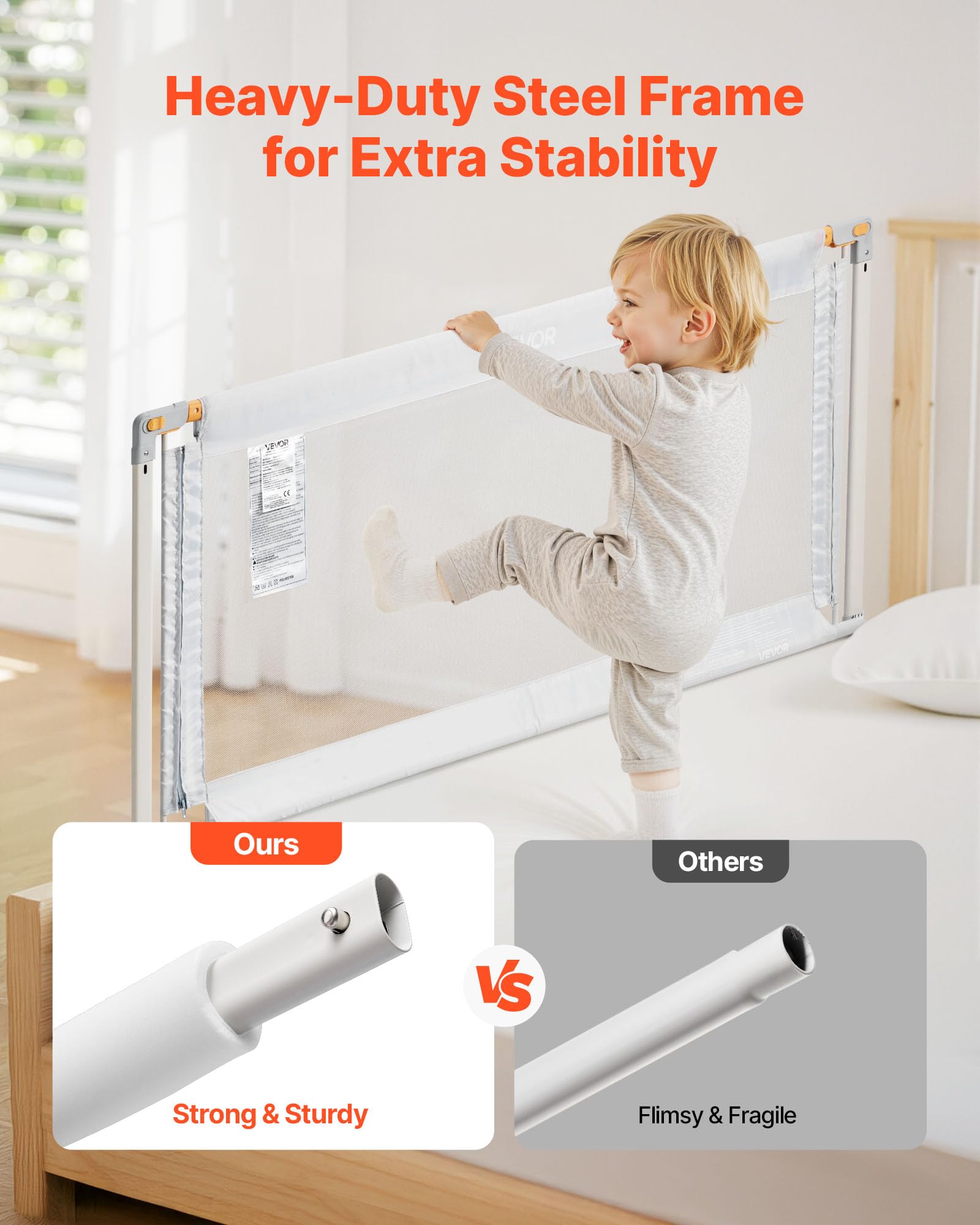 VEVOR Sponda 3 Lati per Letto per Bambini Lunghezza 2 m, Barriera per Lettino per Neonati con Tubo di Ferro Rinforzato, Tessuto Oxford, Altezza Regolabile 68-89 cm, per Materassi di Spessore 5-27 cm