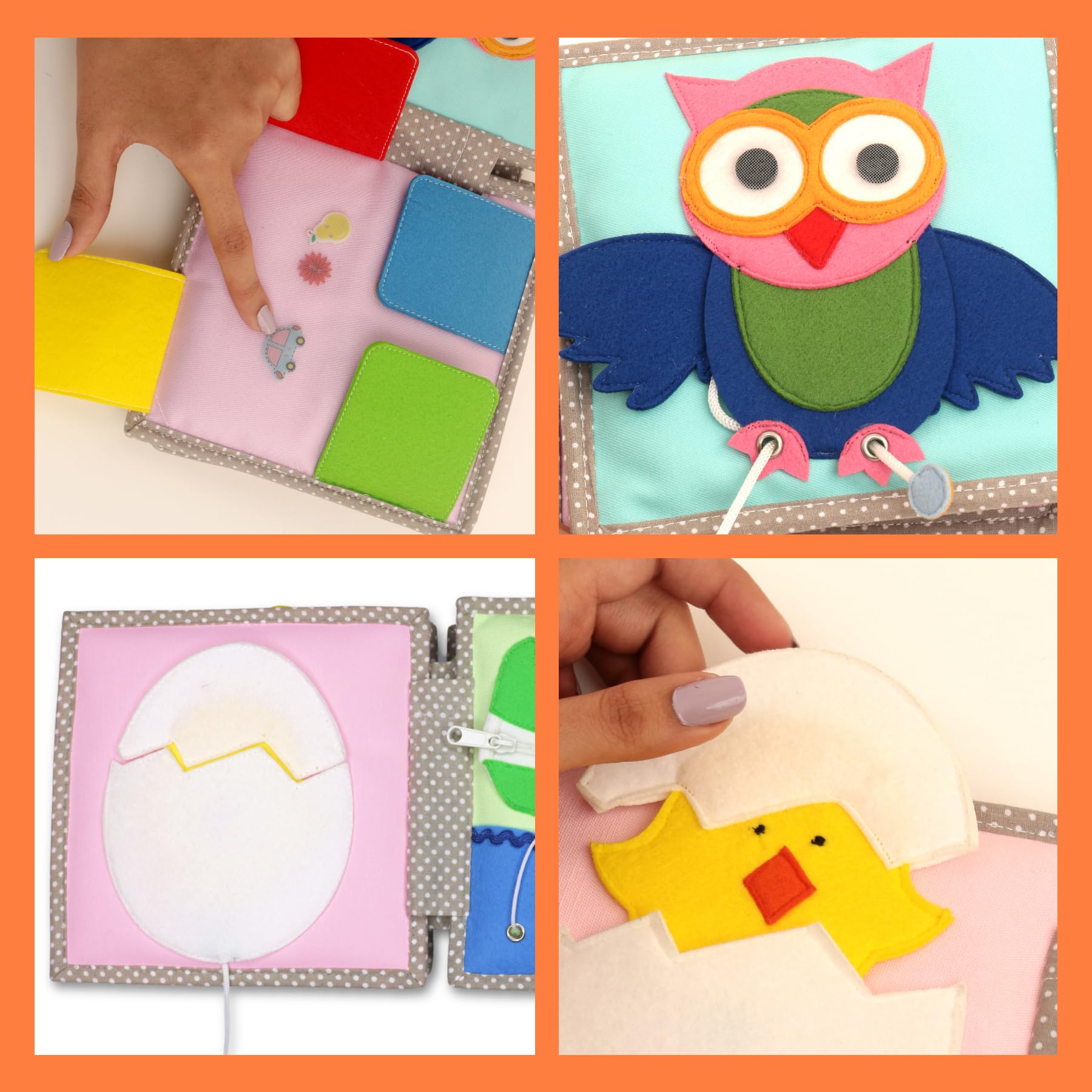 Jolly Designs Mini Quiet Book Peek-a-Boo - Montessori Toys a partir de 6 meses - Promueve la motricidad y la percepción sensorial - Libro de tela para bebés - Libro de fieltro hecho a mano - Perfecto