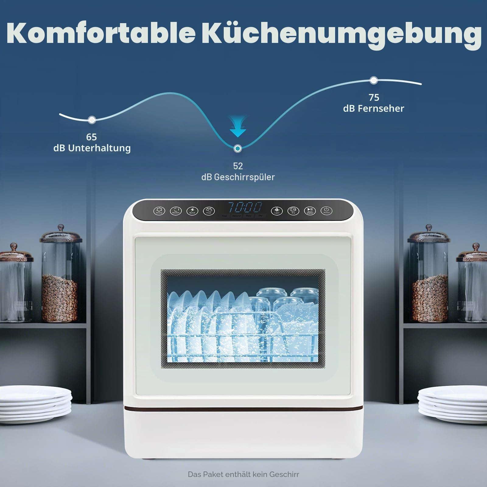 Mini Geschirrspüler, Tischgeschirrspüler 4-6 Personen, Energieeffiziente Tischspülmaschine mit 4 Programmen, Heißlufttrocknung und 72h Antibakteriell, Weiß