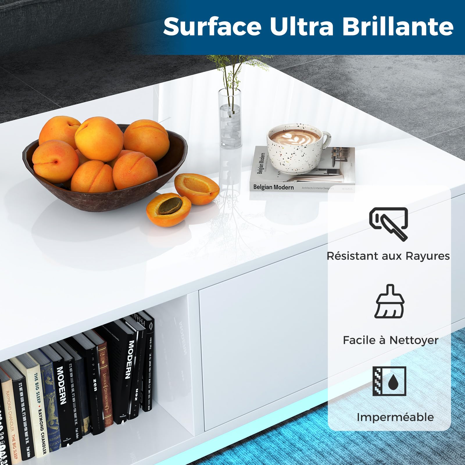 GOPLUS Table Basse Laquée LED 110x60x40cm - 20 Couleurs & 19 Modes Avec Télécommande (Noir)