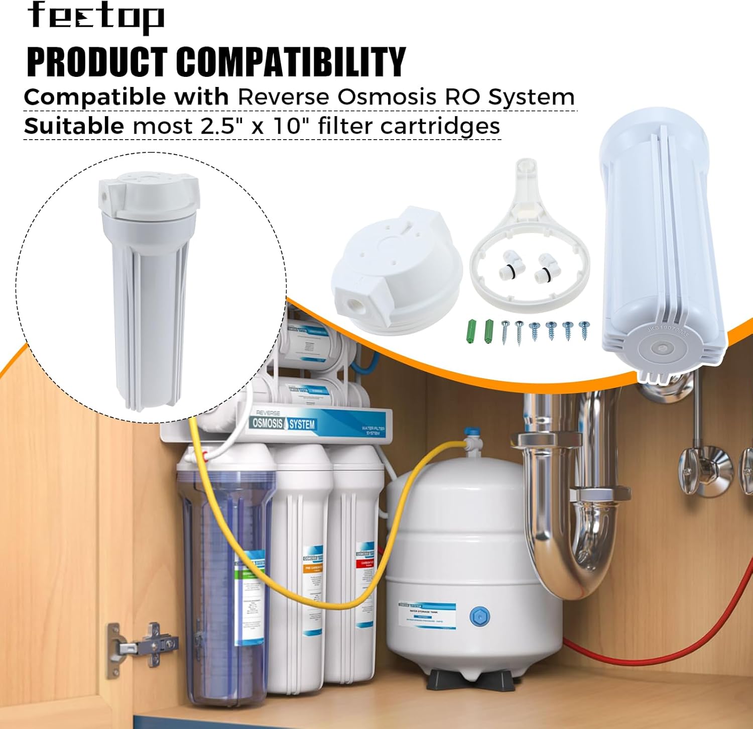 10 inch Reverse Osmosis Filter Housing Compatible with RO Filtration System - 1/4" Port and 2.5" x 10" Filter, Whole House Filter Housing with Wrench, 1/4" Push Fittings,O Rings, Screws