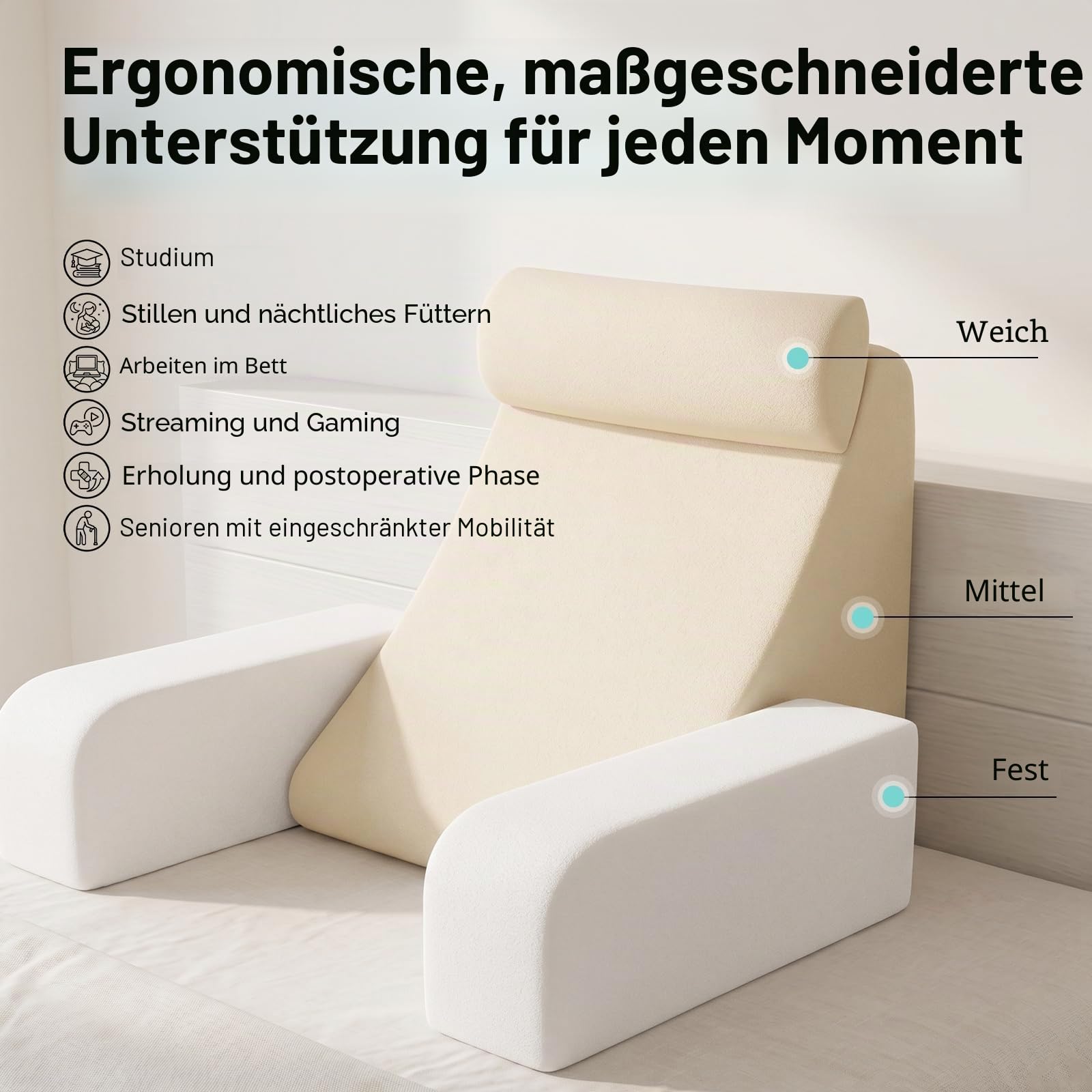 ENITYA 19" Lesekissen für Bett und Sofa, Lesekissen mit Rückenlehne für Erwachsene, Armlehnen, Großen Taschen, Ideal zum Entspannen, Fernsehen, Stillen, zur Erholung und zum Spielen, Grau