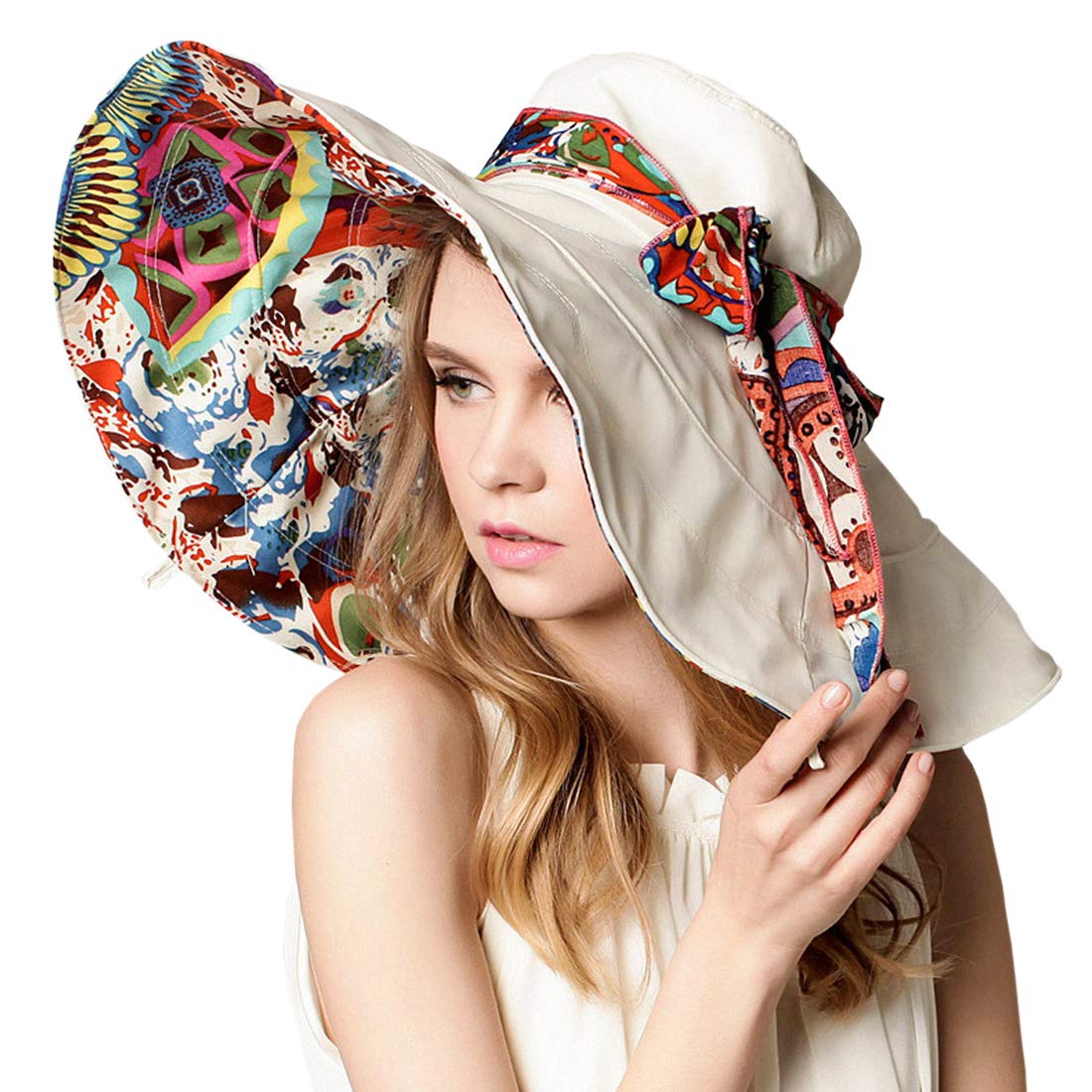 Women's Reversible Sun Hat Foldable UV Protection Cotton Sunhats Summer Beach Bucket Cap Ladies Wide Brim Hats UPF 50+ Sun Shade