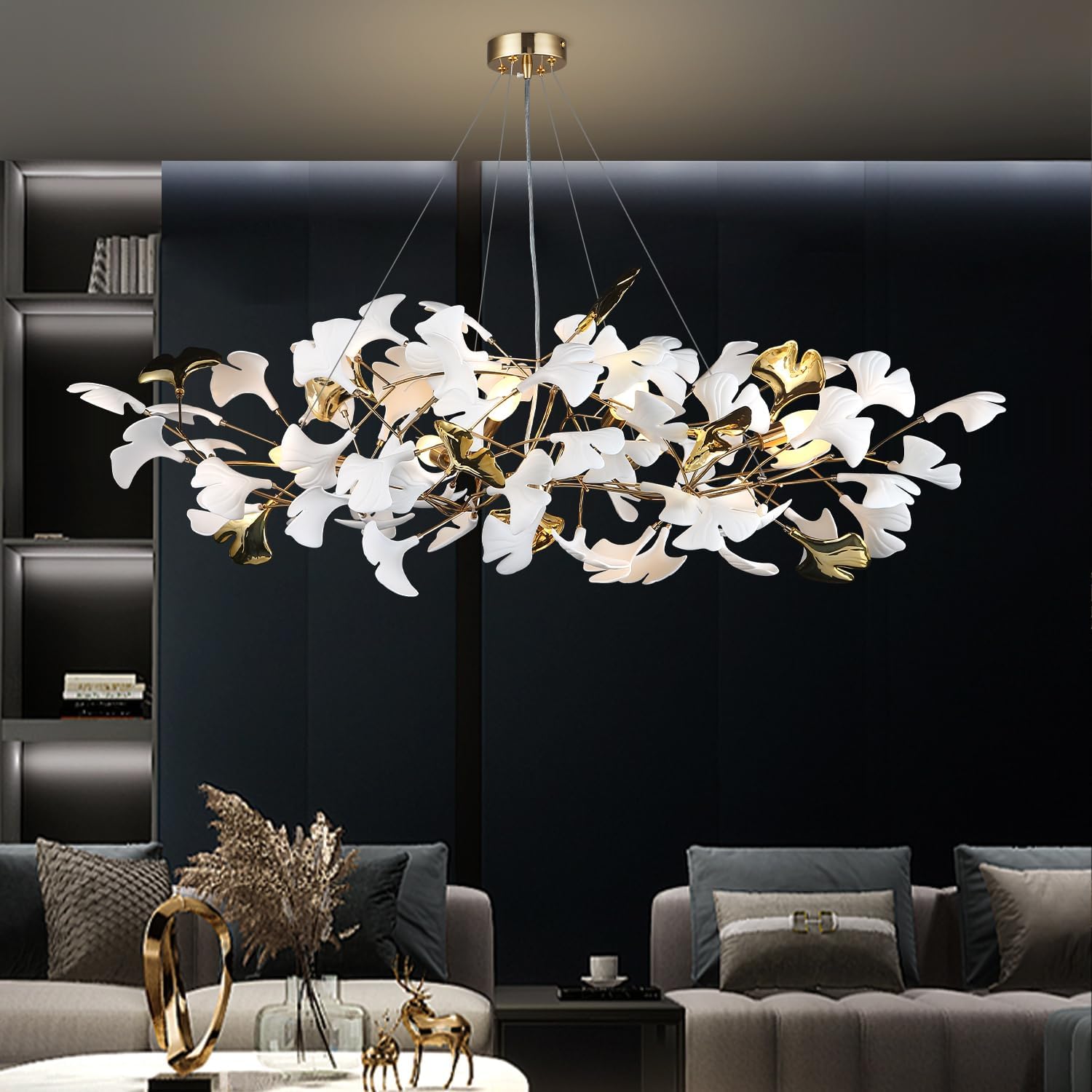 KXEcoLife Tree Branch Chandelier Ceramic Ginkgo Leaf Chandeliers Hanging Lights Fixtures for Dining Room Living Kitchen Island, 8-Light,L120cm