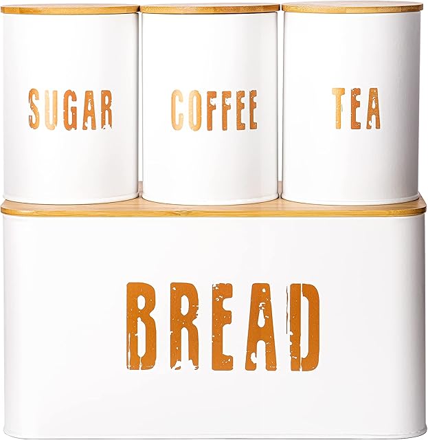 Innoteck Essentials 4pcs Bamboo & Tin Food Storage Set - Bread Bin Cutting Chopping Board Canisters Tea Coffee Sugar - Matt White
