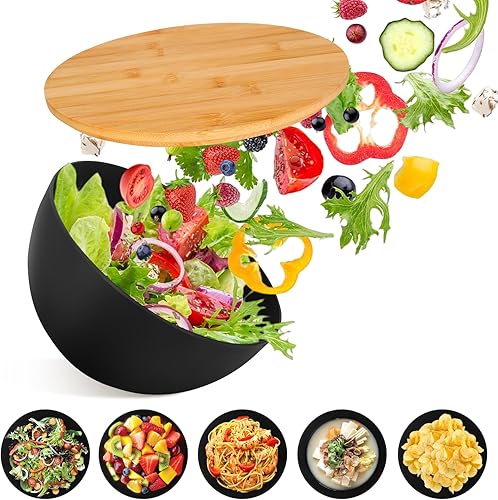 Miniatura 9 de ShineMe Juego de ensaladeras grandes de 9.8 pulgadas con tapa, cuenco de bambú para servir ensalada con 4 cuencos pequeños y servidores (tenedor y