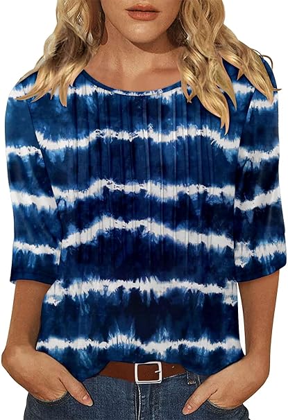 KISSMODA Tunic Tops for Women Loose Fit Dressy Round Neck Pleated 3/4 Length Sleeve Spring Tops