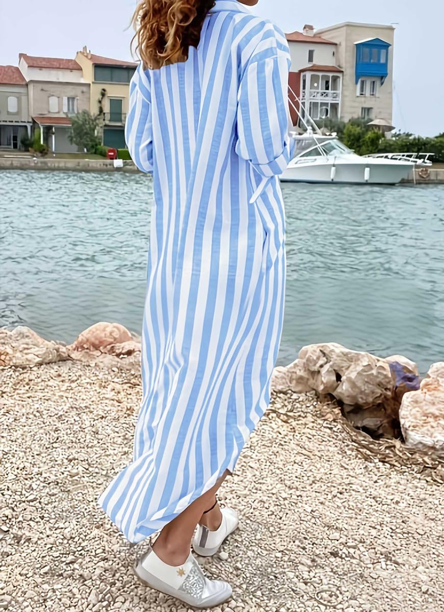 chouyatou Women's Summer 3/4 Sleeve Striped Shirt Dress Business Casual Half Zipper Maxi Long Beach Dress - Image 3