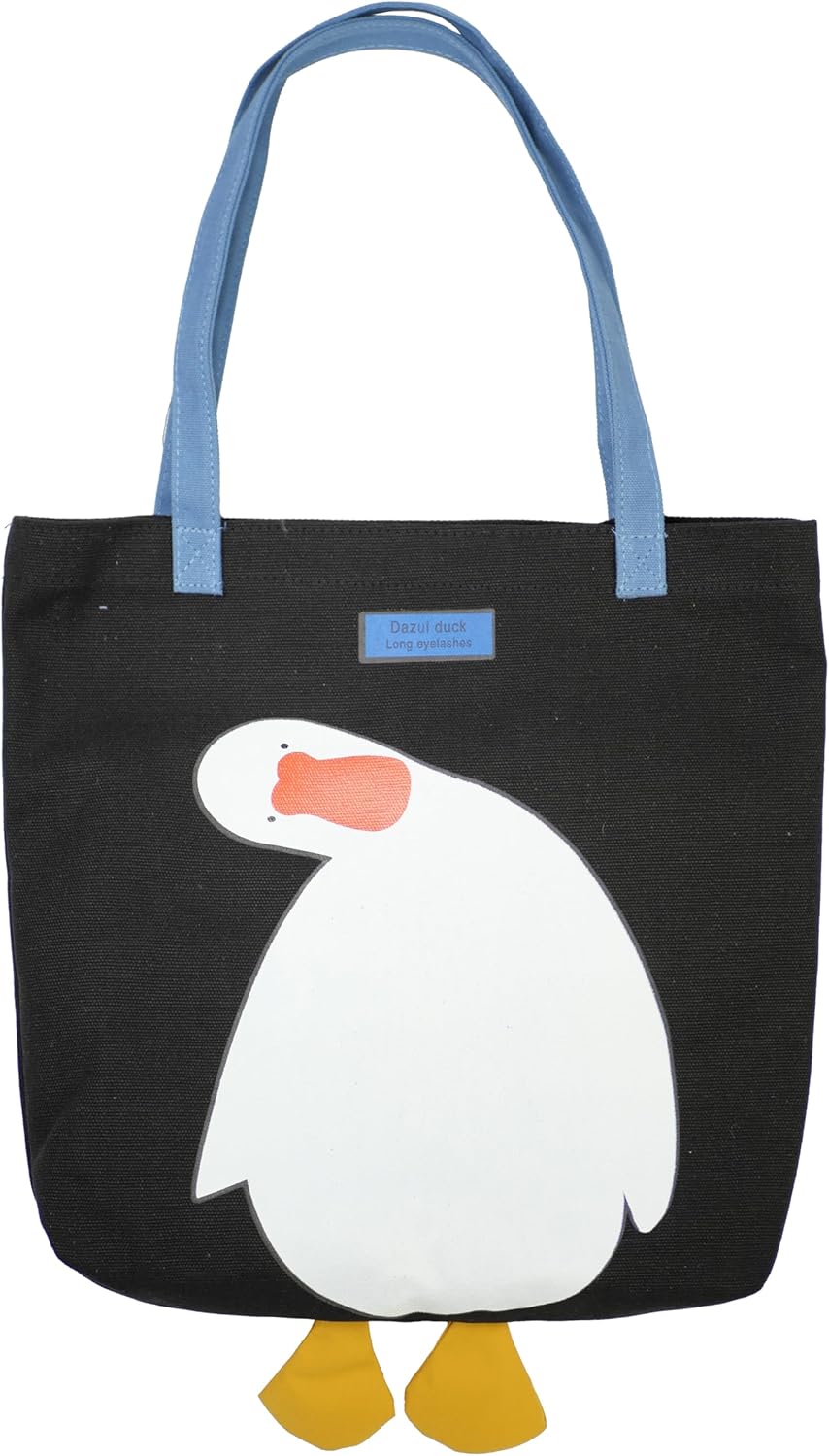 DOFOTAWN かわいいダックキャンバストートバッグ レディース 再利用可能 コットン布バッグ ランチ 食料品 学校 ショッピング